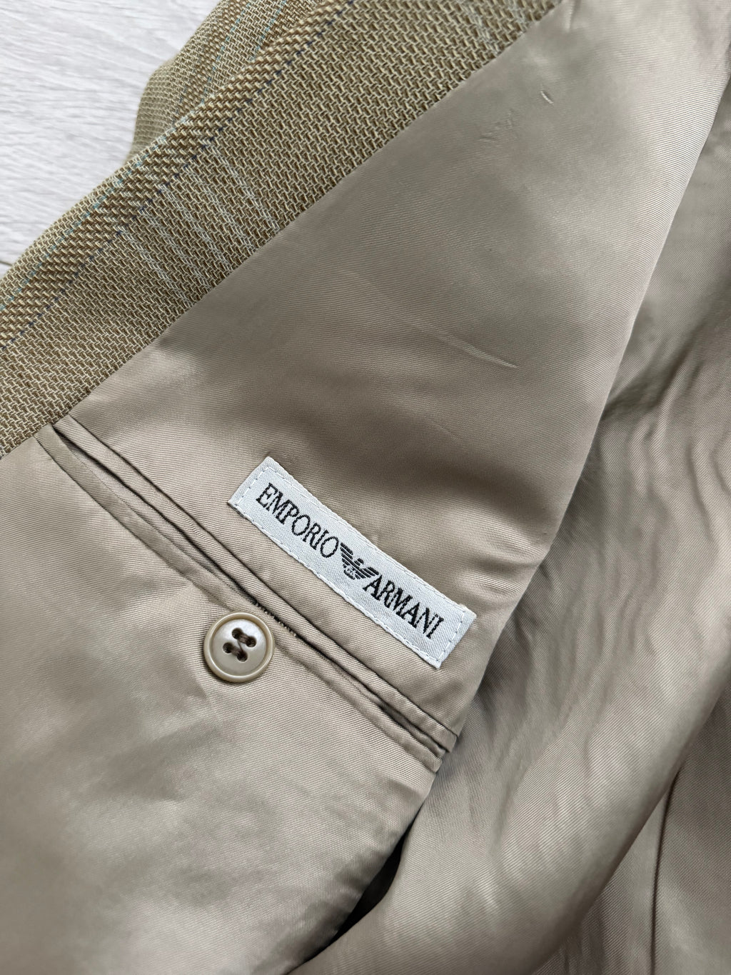 Emporio Armani 1990s Peaked Lapel Double Breasted Textured Wool Sport Jacket Blazer Taupe Green - Size M