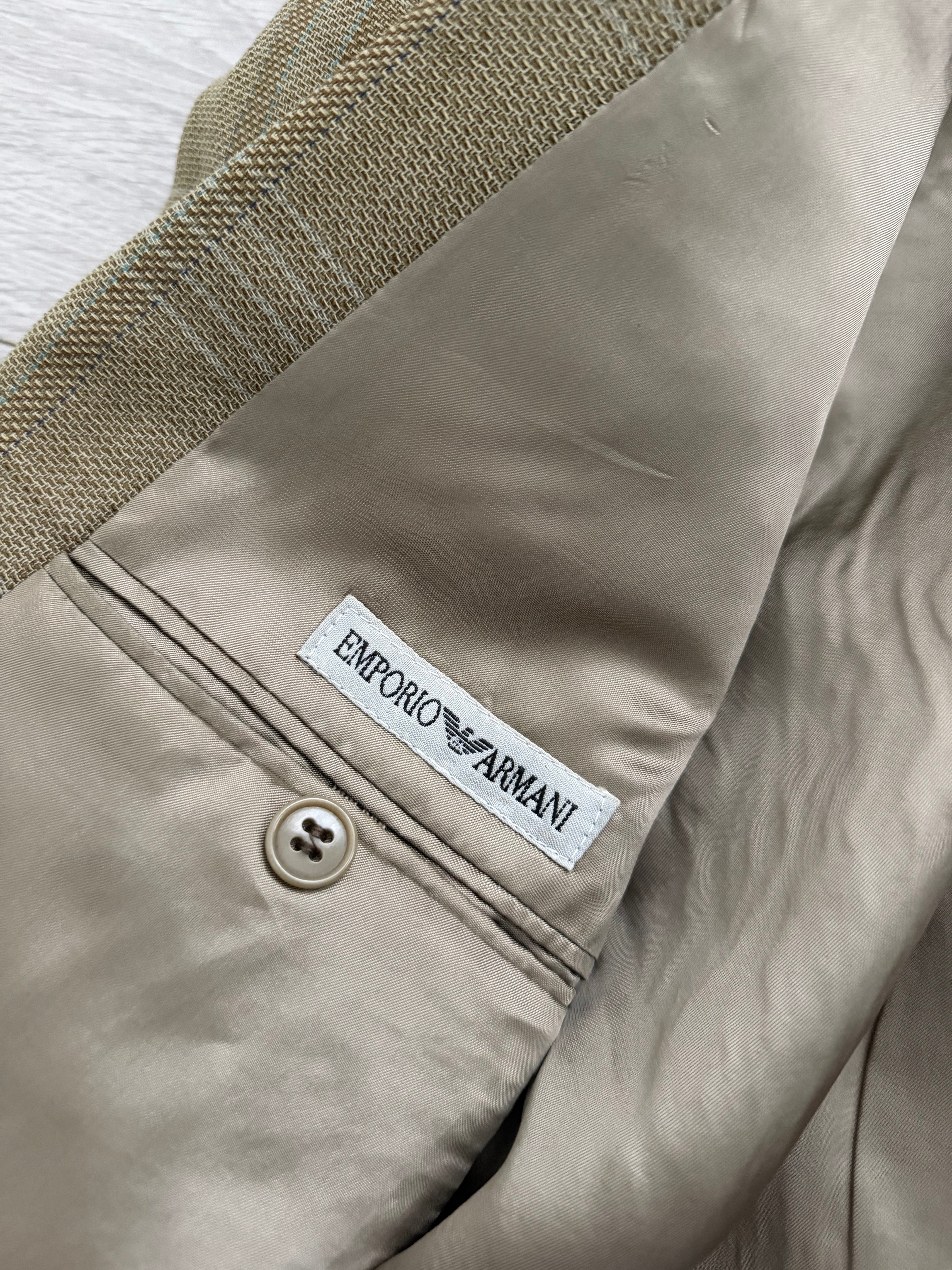 Emporio Armani 1990s Peaked Lapel Double Breasted Textured Wool Sport Jacket Blazer Taupe Green - Size M