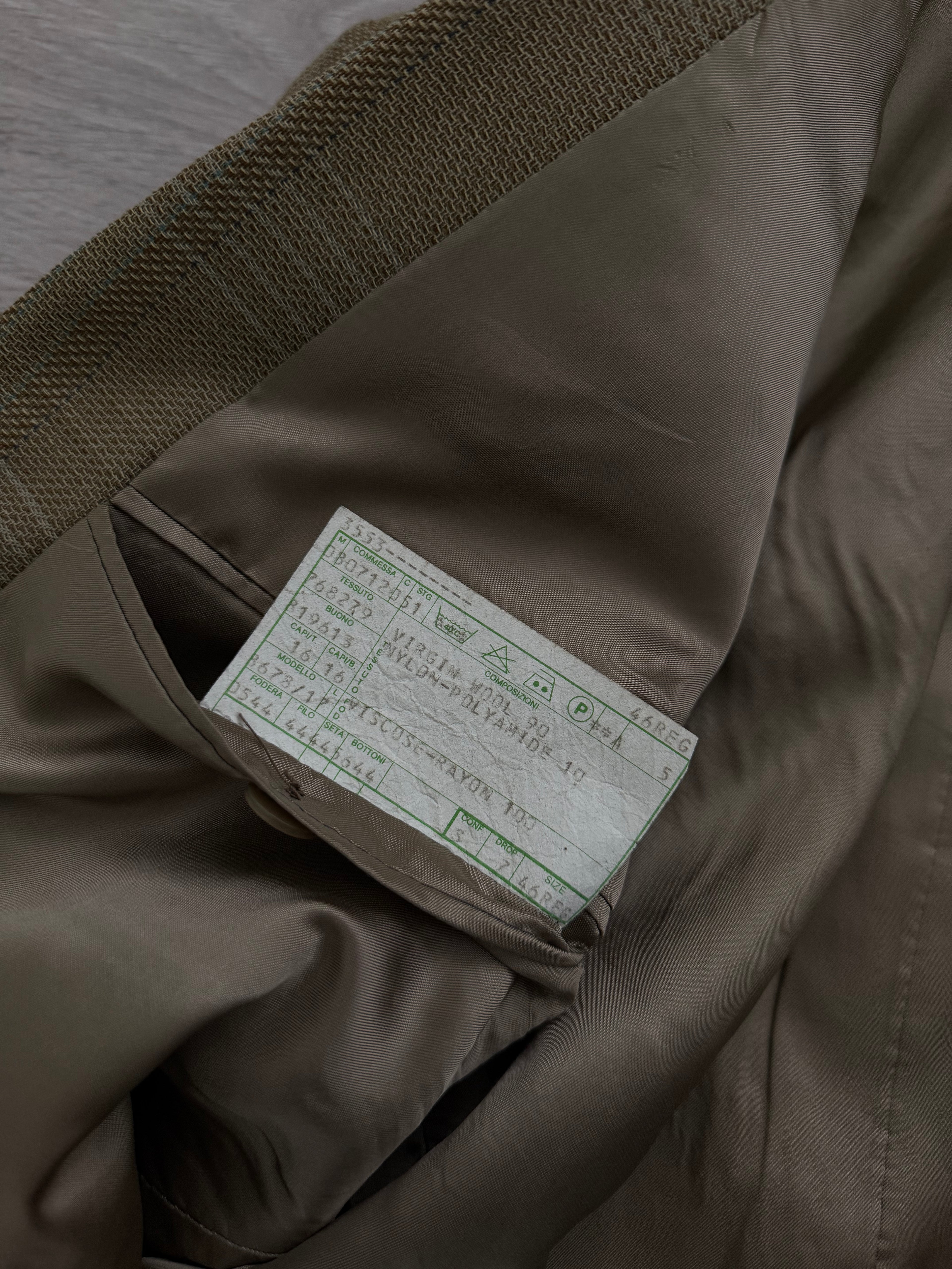 Emporio Armani 1990s Peaked Lapel Double Breasted Textured Wool Sport Jacket Blazer Taupe Green - Size M