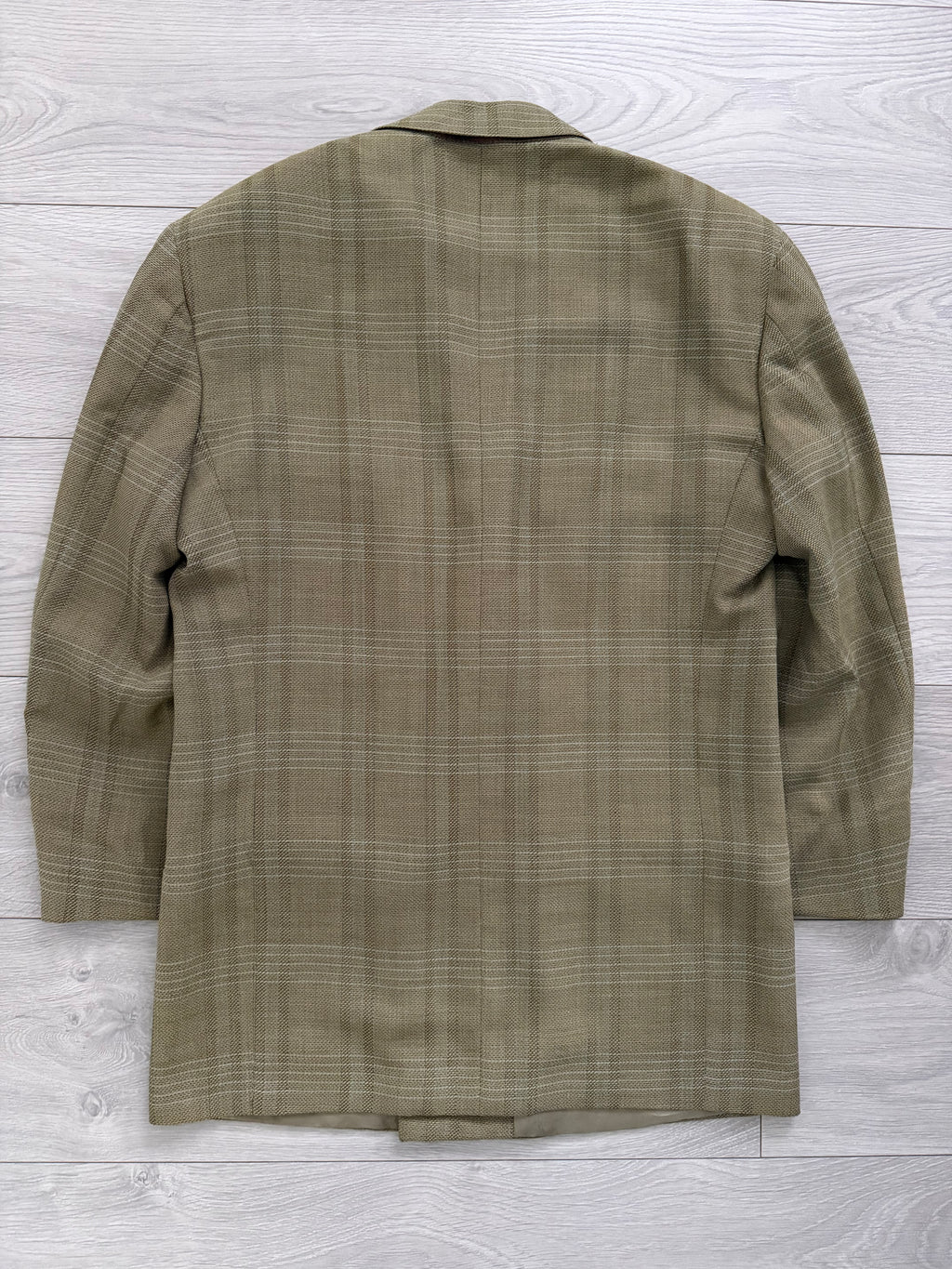 Emporio Armani 1990s Peaked Lapel Double Breasted Textured Wool Sport Jacket Blazer Taupe Green - Size M