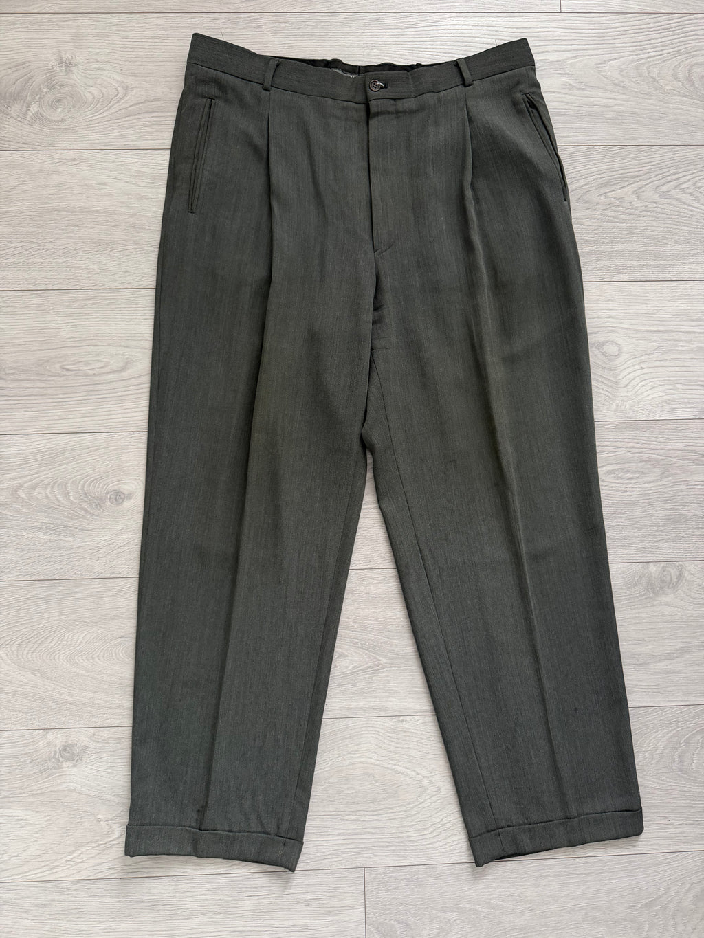 Mani Giorgio Armani 1980s 4B Pleated Rayon Wool Textured Draped Suit Taupe Green - Size XXL Jacket / 38" Waist