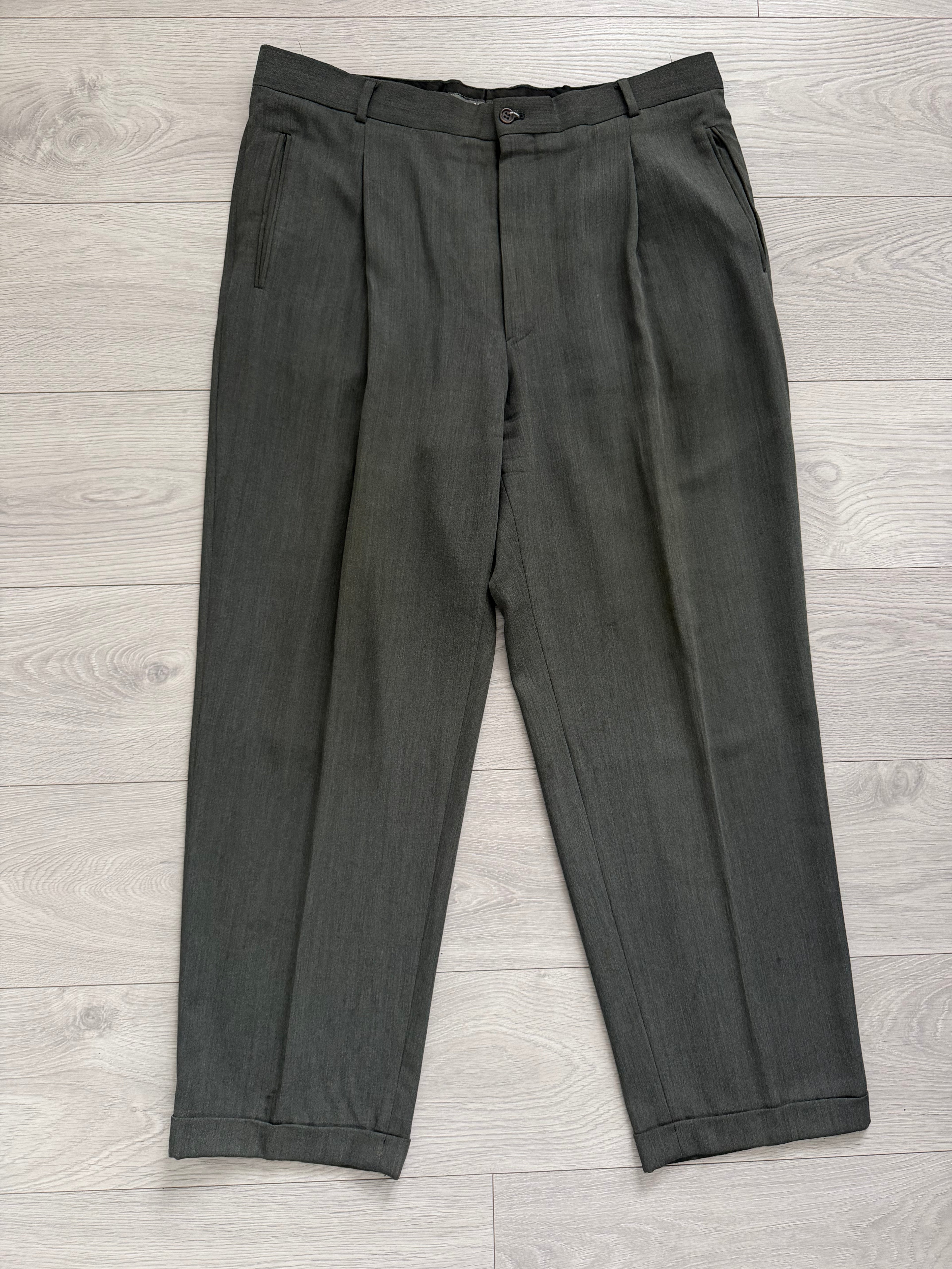 Mani Giorgio Armani 1980s 4B Pleated Rayon Wool Textured Draped Suit Taupe Green - Size XXL Jacket / 38" Waist