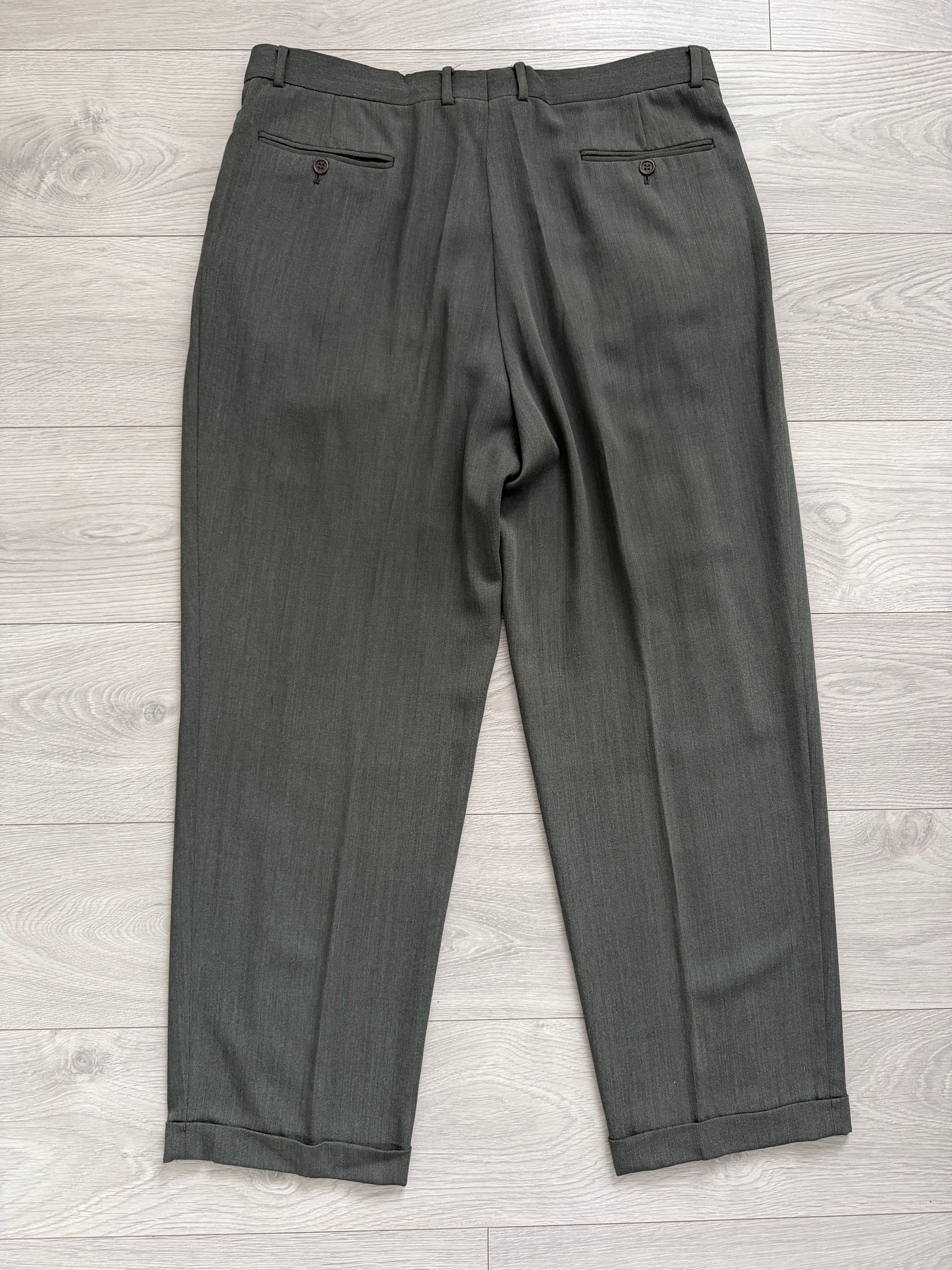 Mani Giorgio Armani 1980s 4B Pleated Rayon Wool Textured Draped Suit Taupe Green - Size XXL Jacket / 38" Waist