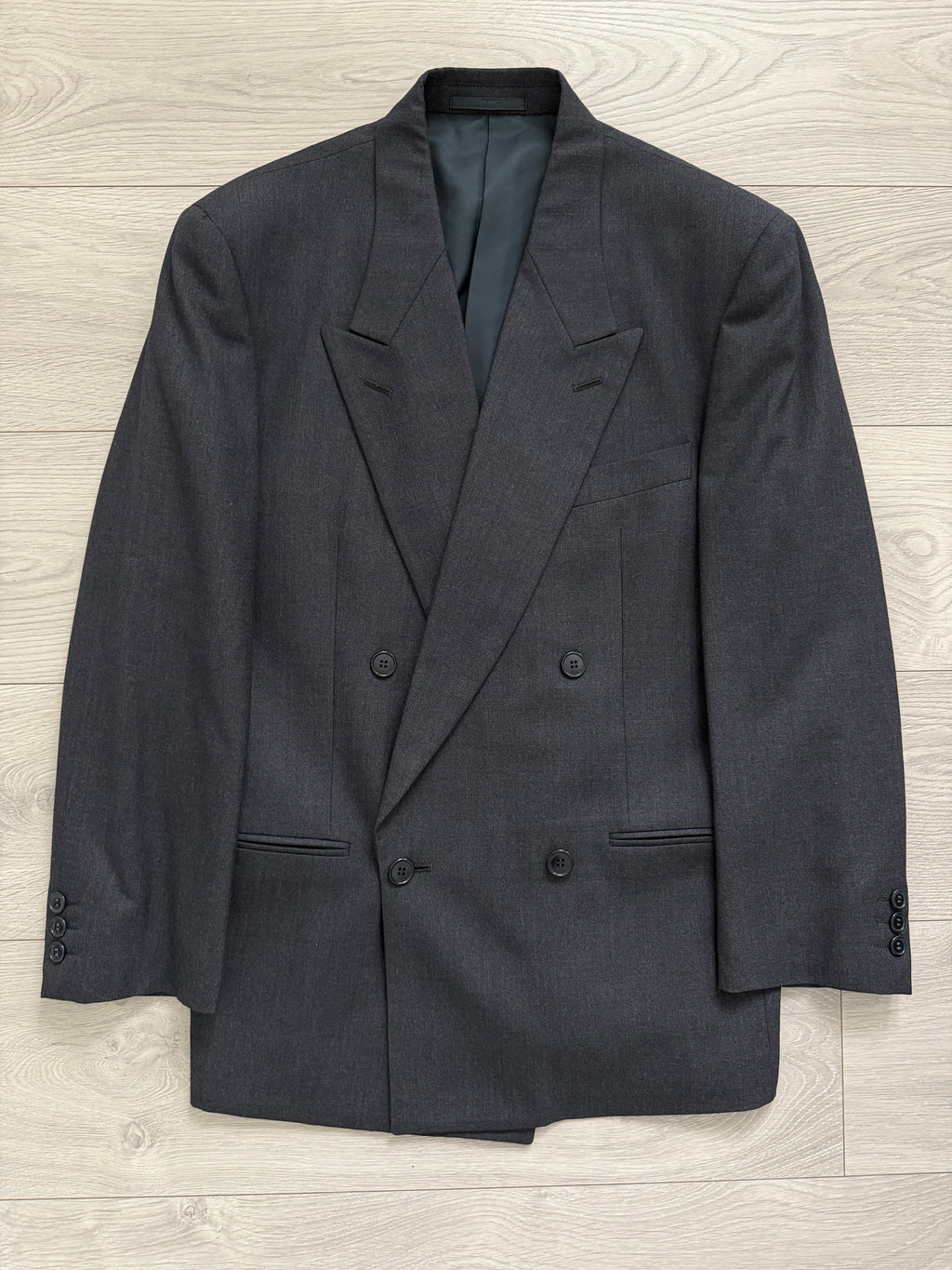 Emporio Armani 1980s Peaked Lapel Double Breasted Pleated Wool Suit Charcoal Navy - Size S Jacket / 29" Waist