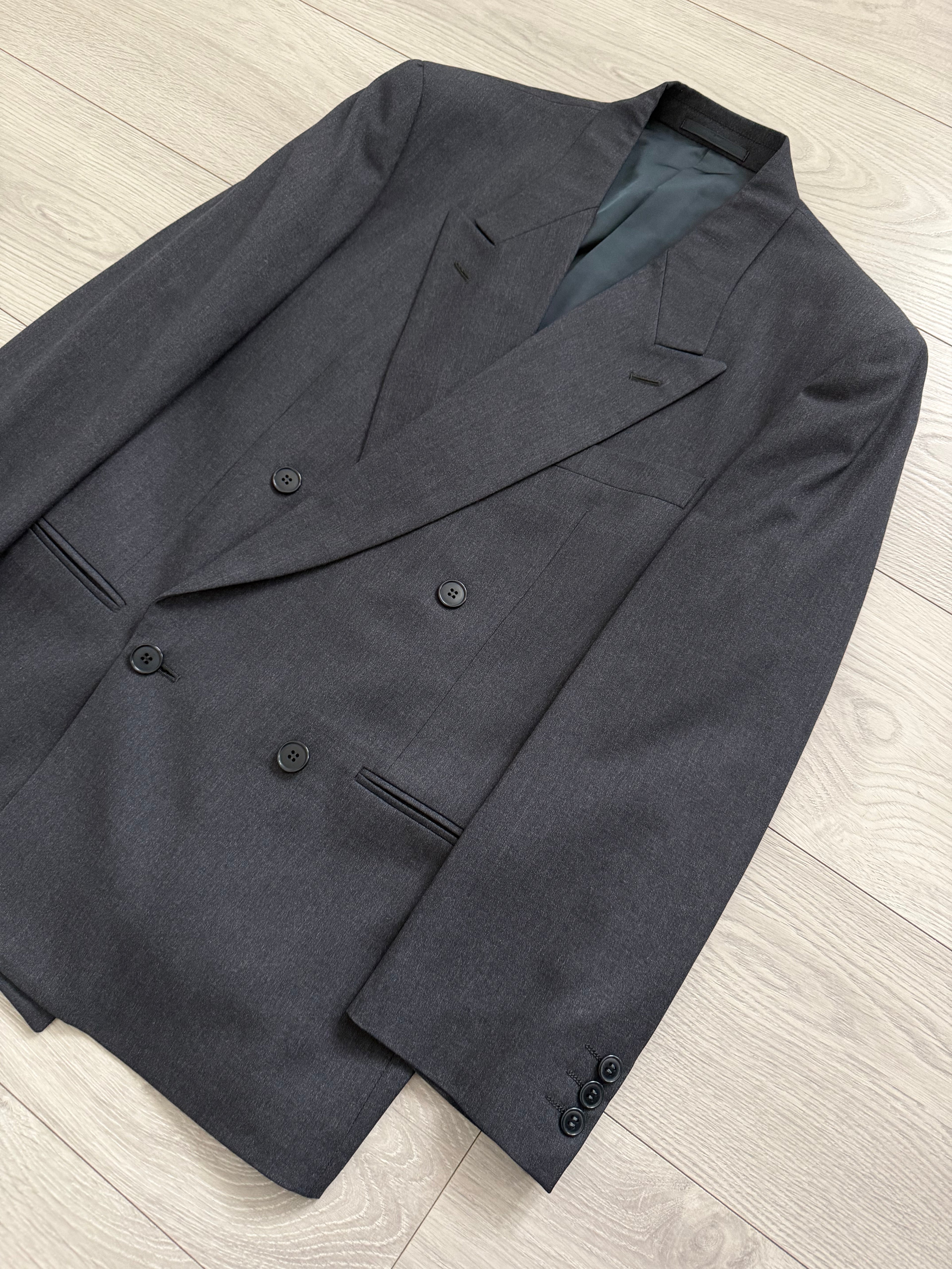 Emporio Armani 1980s Peaked Lapel Double Breasted Pleated Wool Suit Charcoal Navy - Size S Jacket / 29" Waist