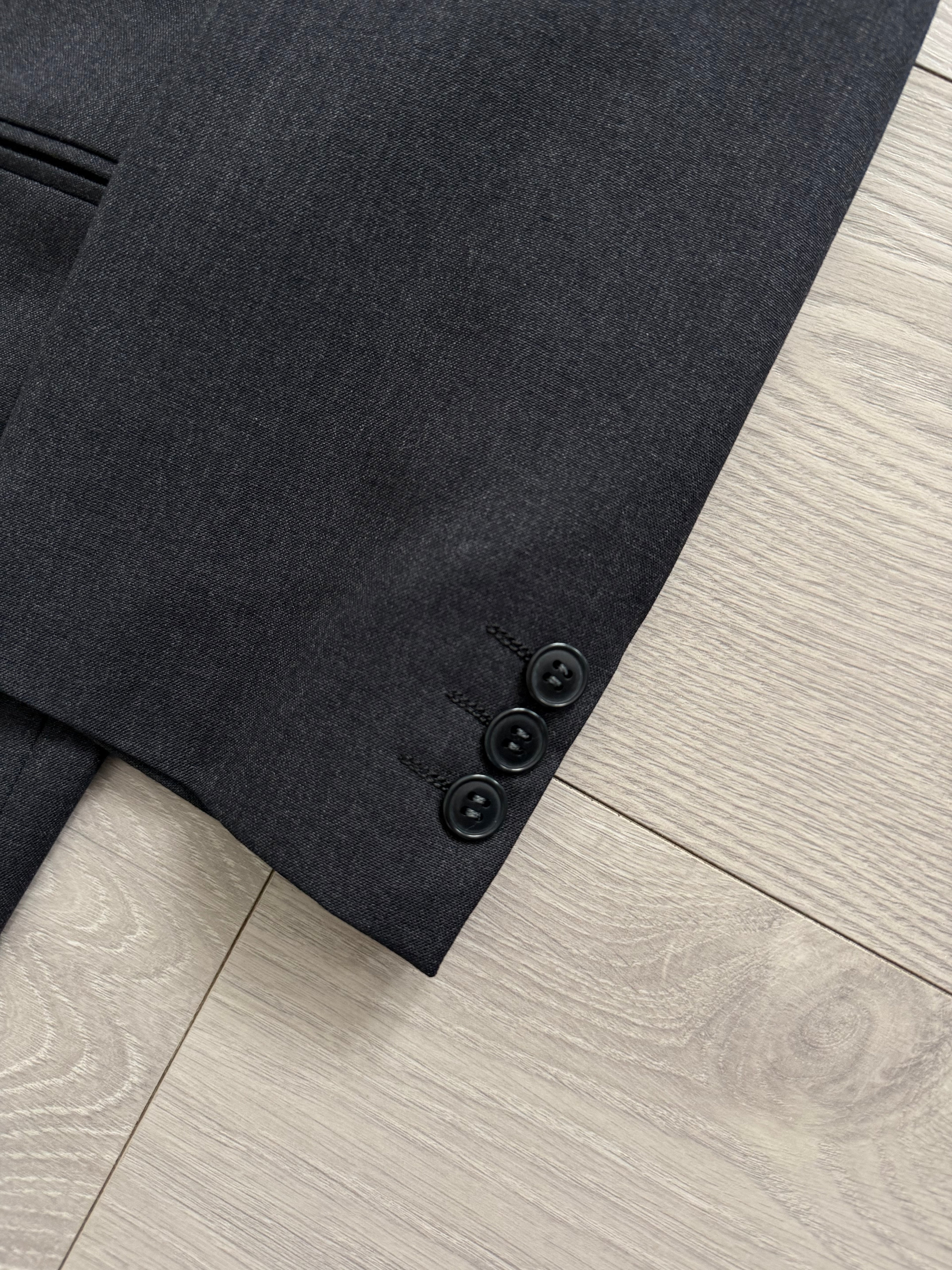 Emporio Armani 1980s Peaked Lapel Double Breasted Pleated Wool Suit Charcoal Navy - Size S Jacket / 29" Waist