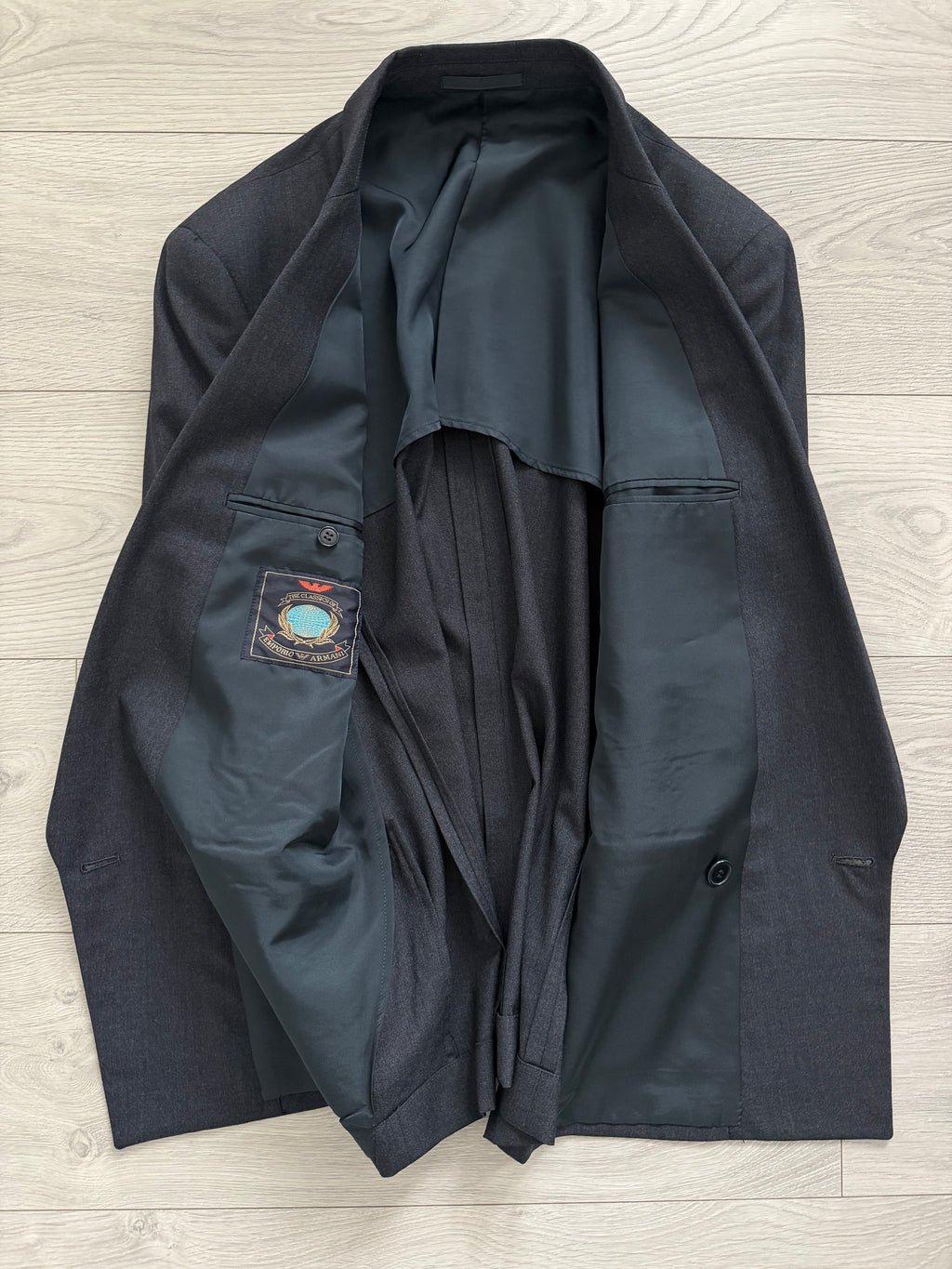 Emporio Armani 1980s Peaked Lapel Double Breasted Pleated Wool Suit Charcoal Navy - Size S Jacket / 29" Waist