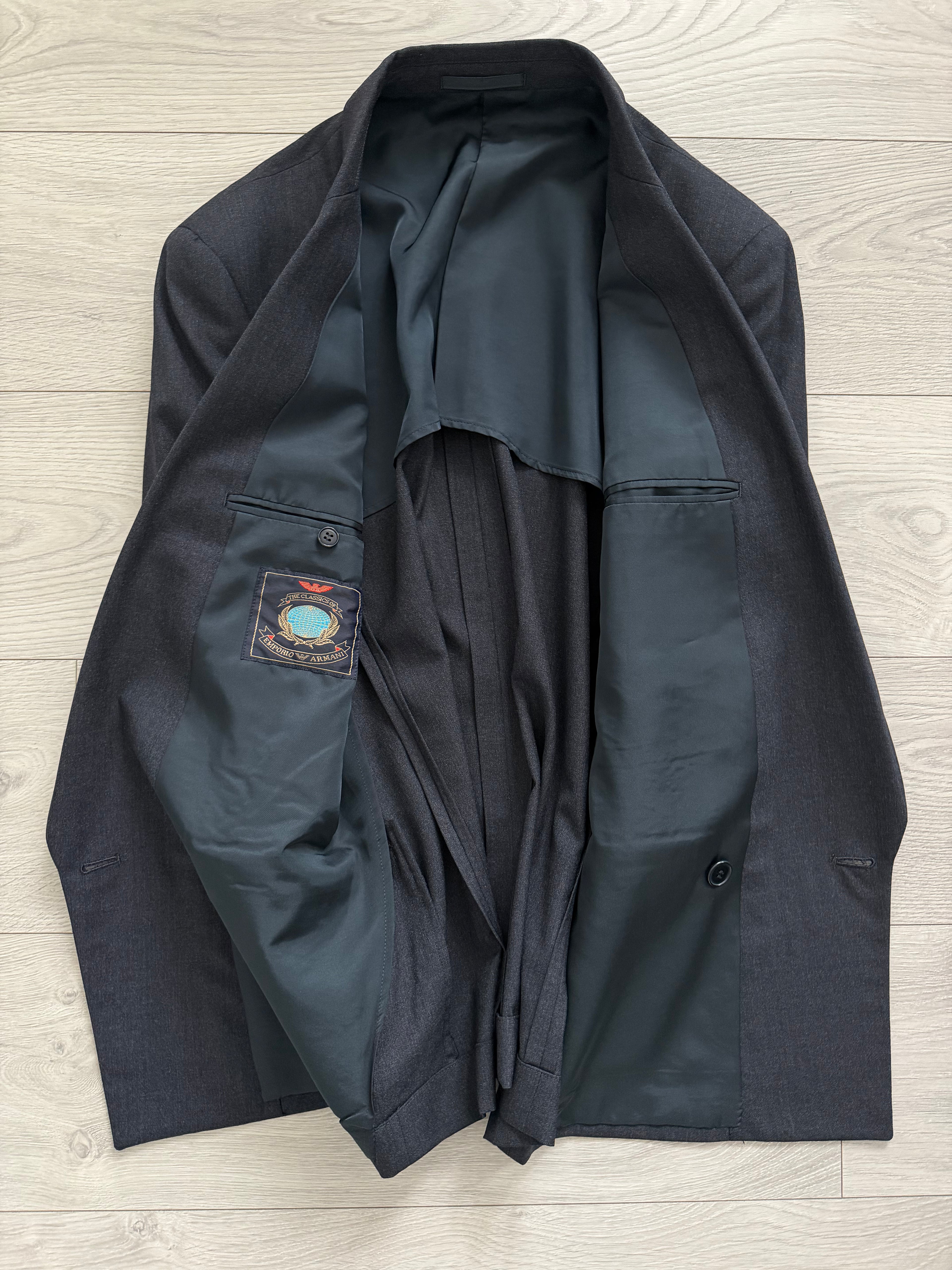 Emporio Armani 1980s Peaked Lapel Double Breasted Pleated Wool Suit Charcoal Navy - Size S Jacket / 29" Waist
