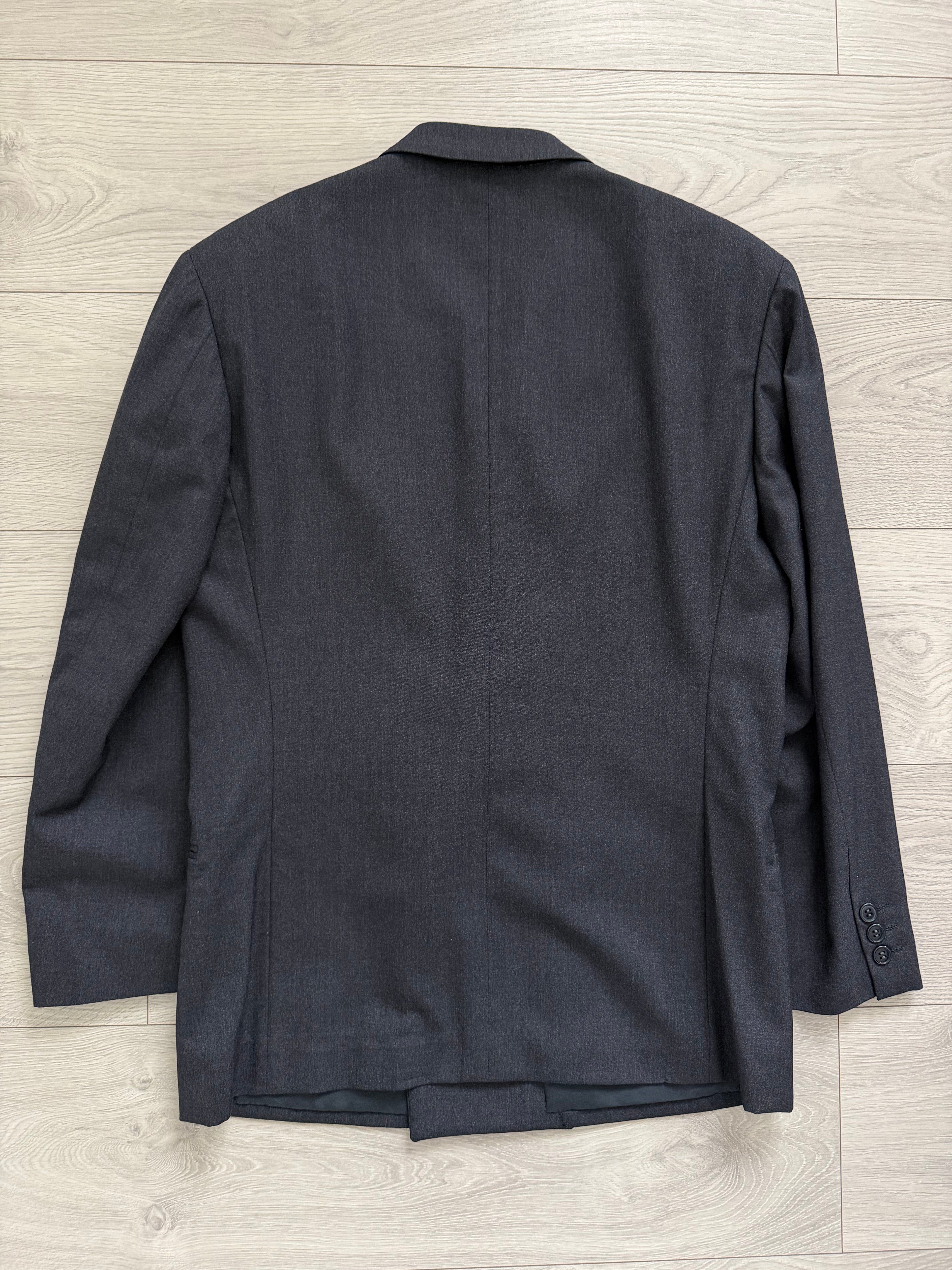 Emporio Armani 1980s Peaked Lapel Double Breasted Pleated Wool Suit Charcoal Navy - Size S Jacket / 29" Waist