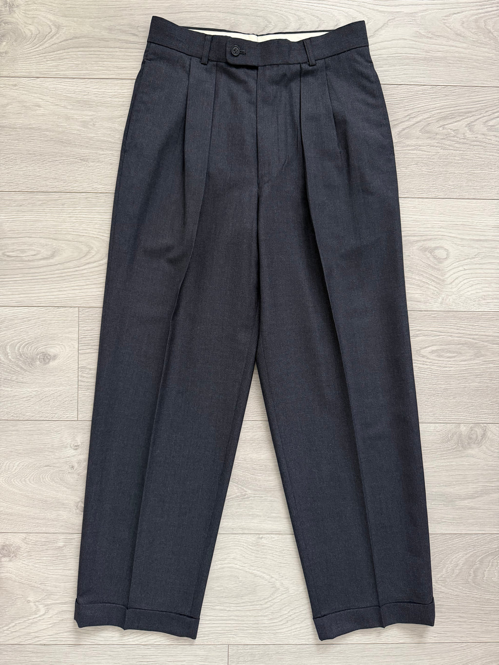Emporio Armani 1980s Peaked Lapel Double Breasted Pleated Wool Suit Charcoal Navy - Size S Jacket / 29" Waist