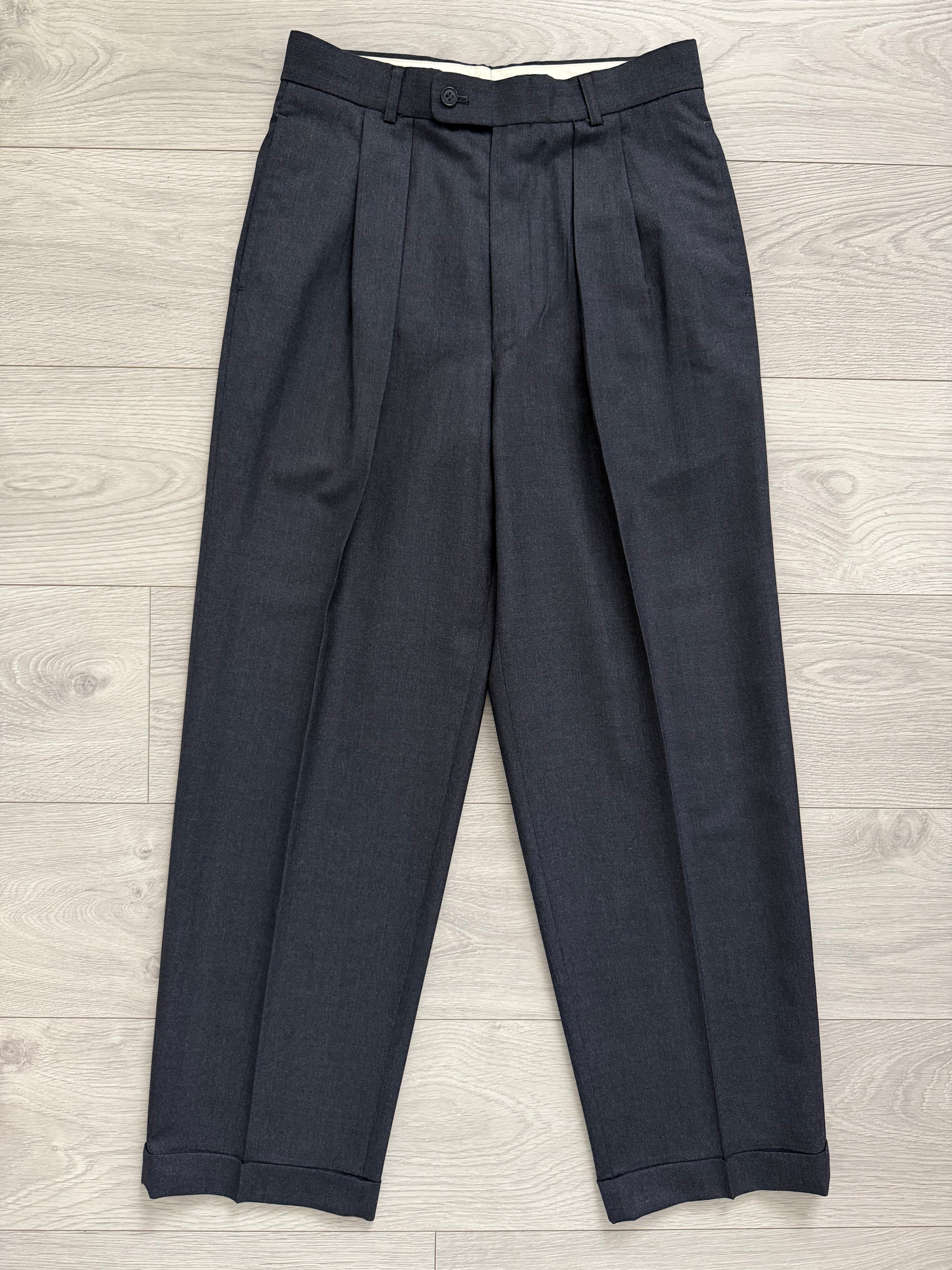 Emporio Armani 1980s Peaked Lapel Double Breasted Pleated Wool Suit Charcoal Navy - Size S Jacket / 29" Waist