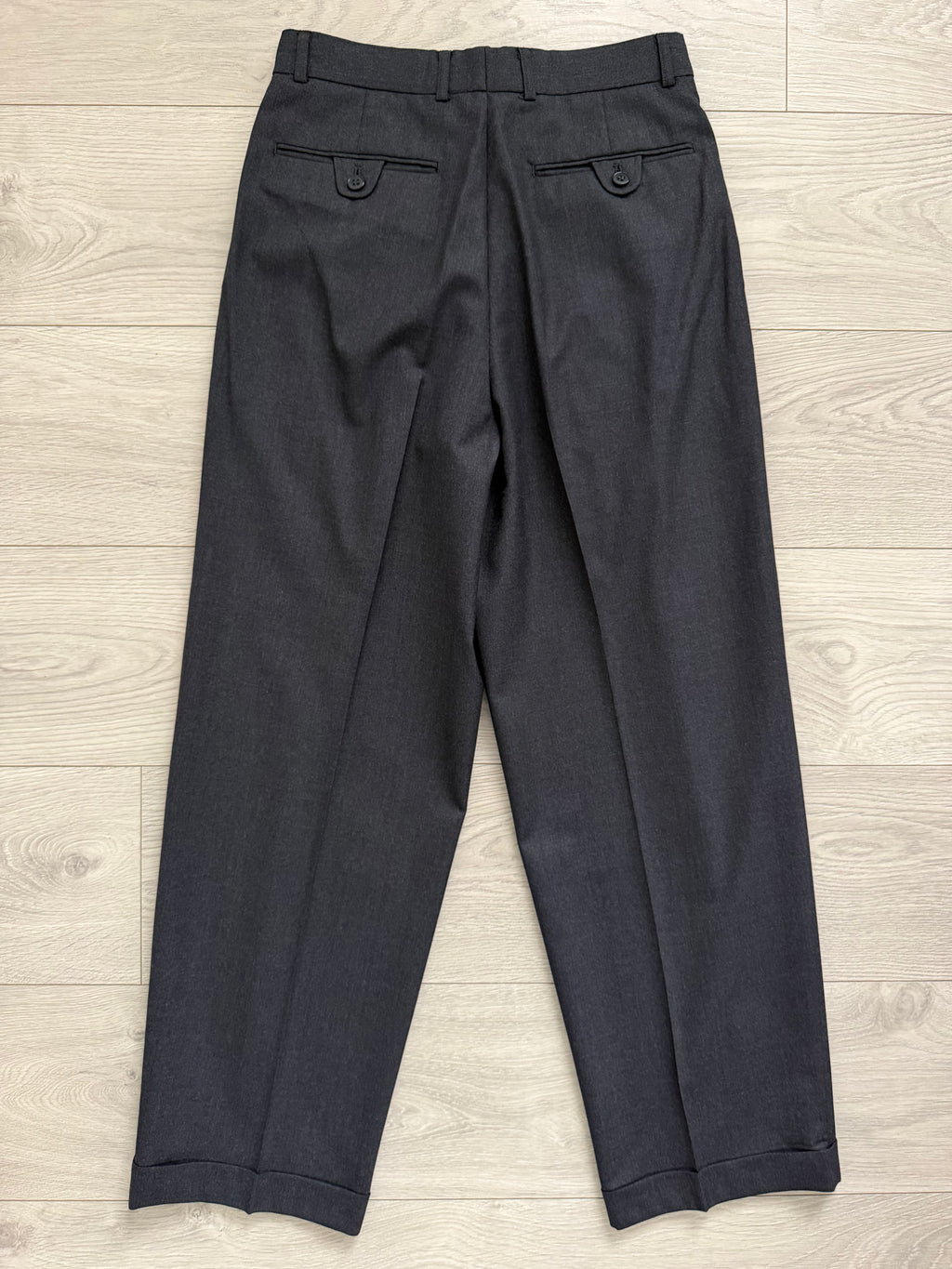 Emporio Armani 1980s Peaked Lapel Double Breasted Pleated Wool Suit Charcoal Navy - Size S Jacket / 29" Waist