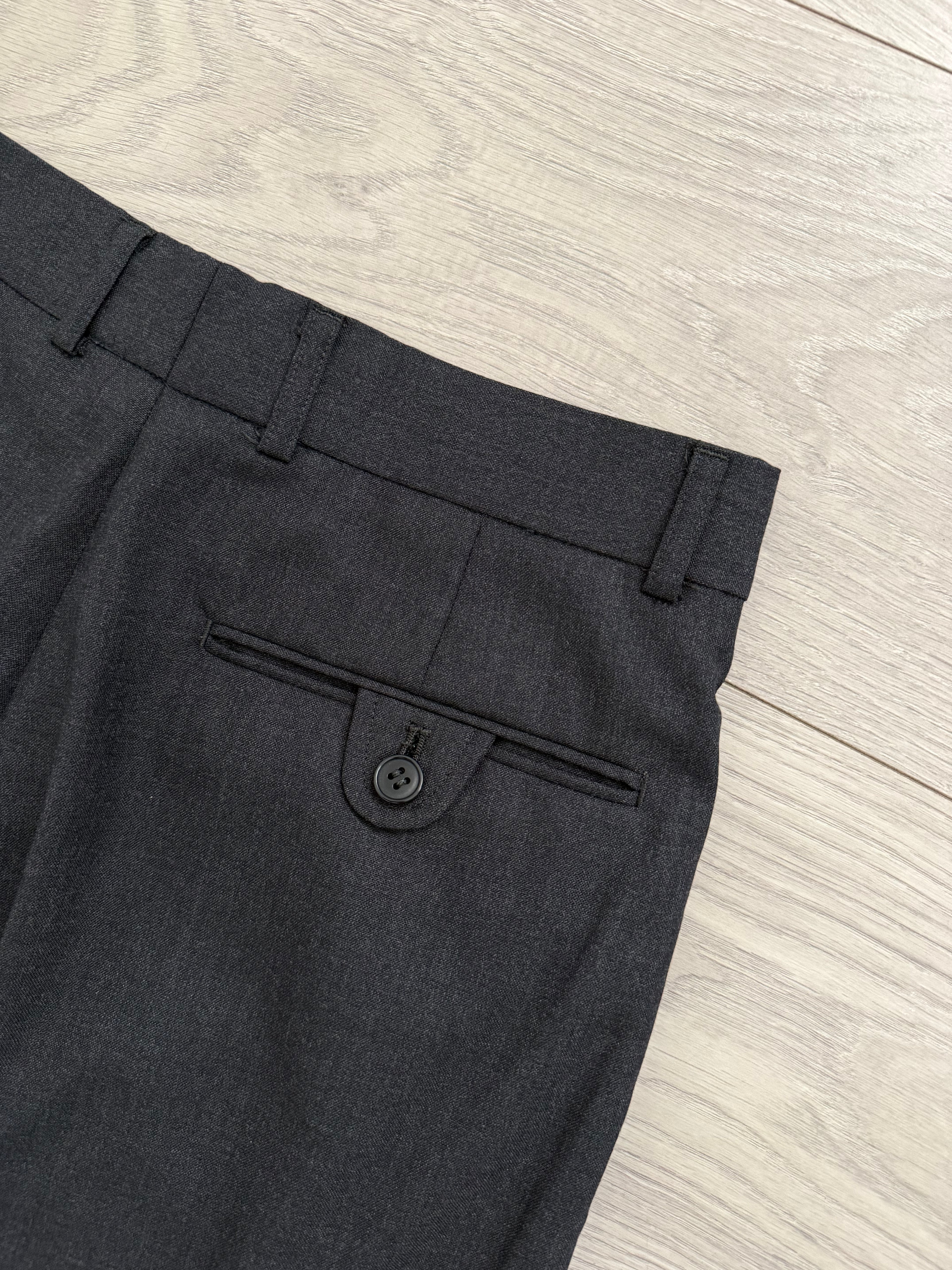 Emporio Armani 1980s Peaked Lapel Double Breasted Pleated Wool Suit Charcoal Navy - Size S Jacket / 29" Waist