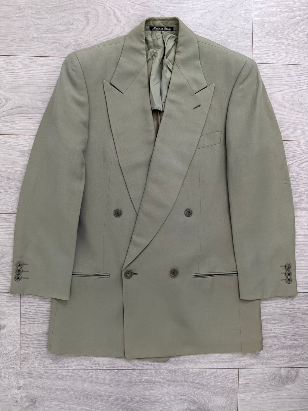 Giorgio Armani 1980s Peaked Lapel Double Breasted Wool Linen Sport Jacket Blazer Taupe Sage - Size S