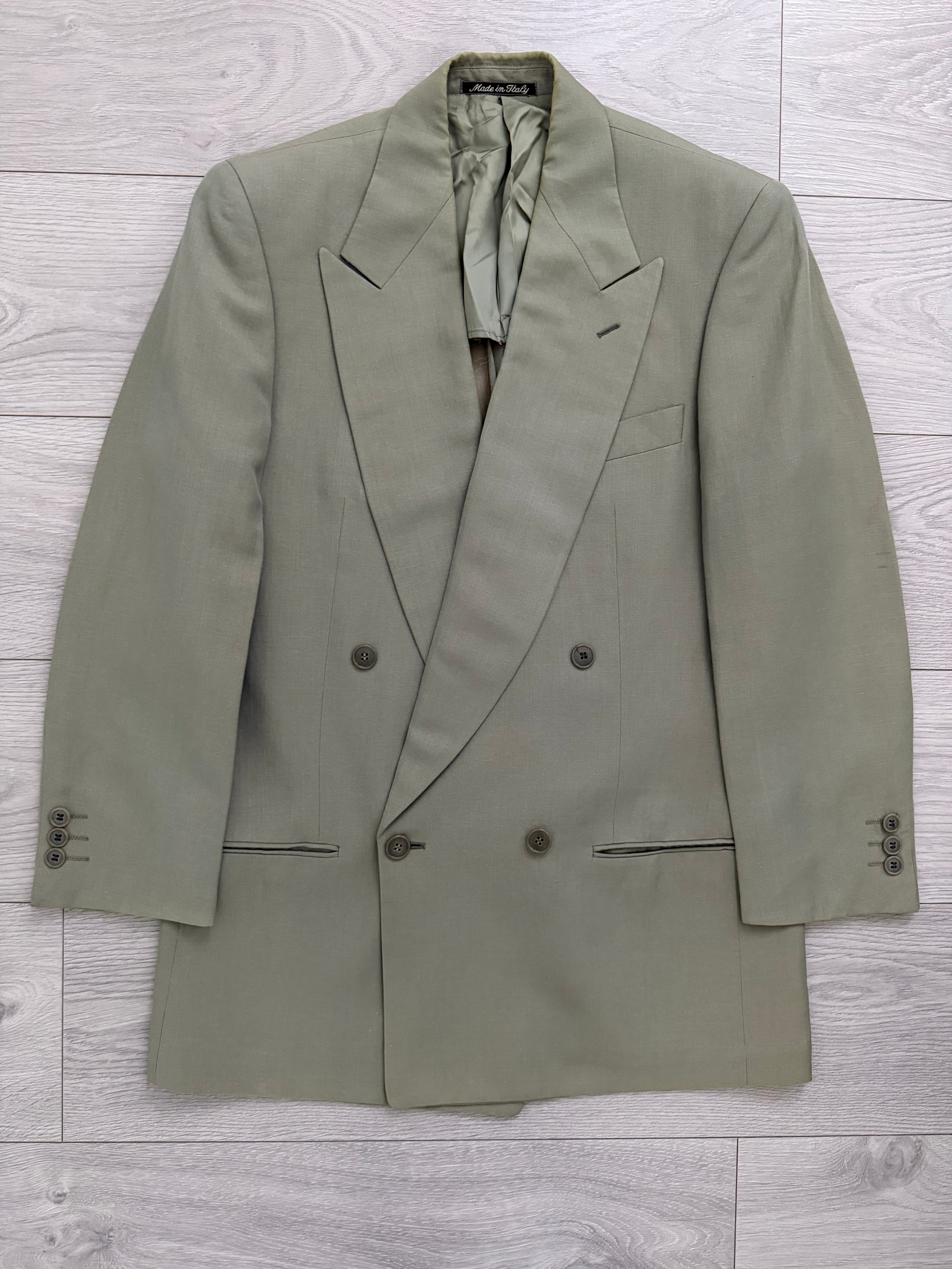 Giorgio Armani 1980s Peaked Lapel Double Breasted Wool Linen Sport Jacket Blazer Taupe Sage - Size S