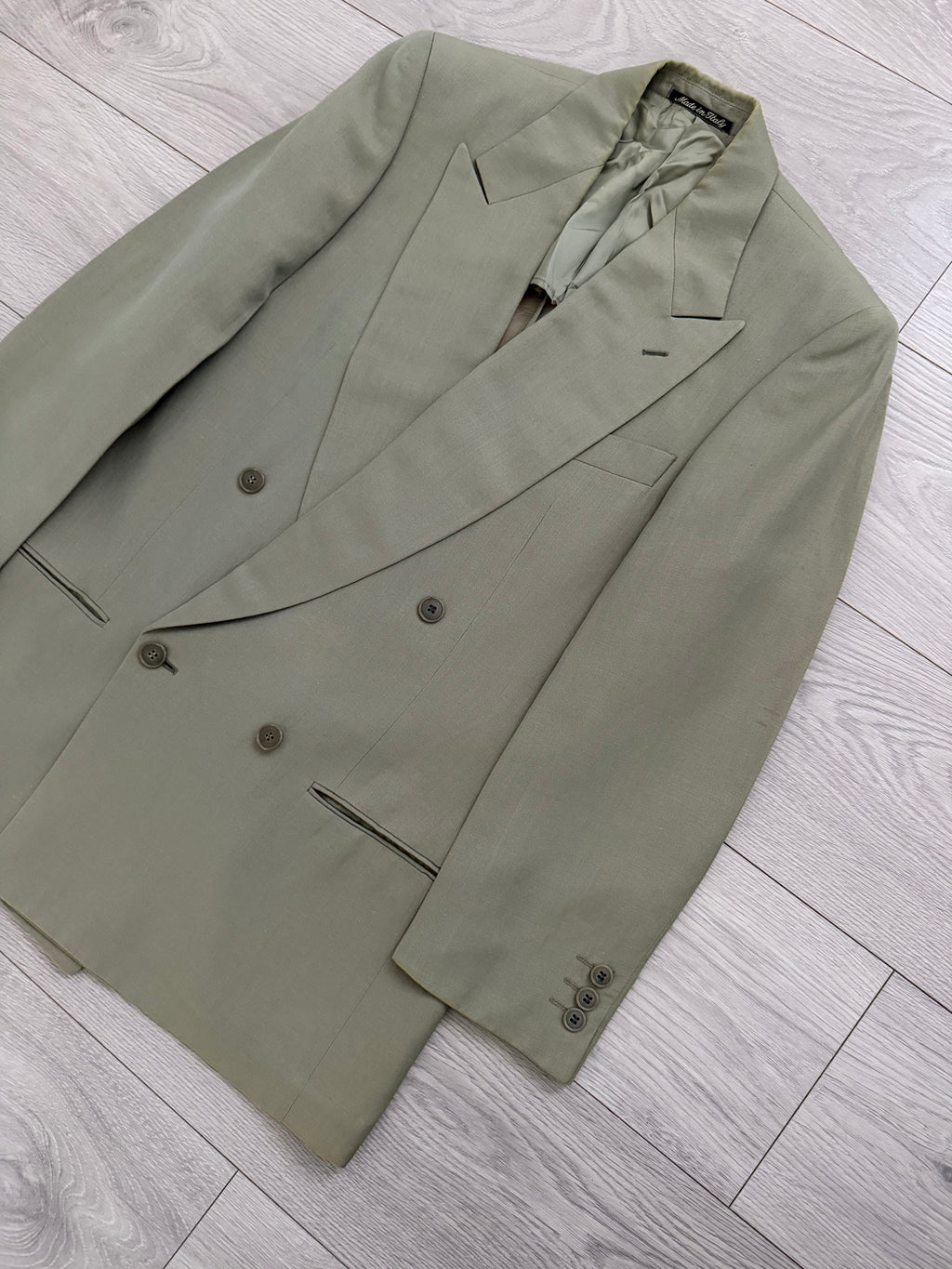 Giorgio Armani 1980s Peaked Lapel Double Breasted Wool Linen Sport Jacket Blazer Taupe Sage - Size S