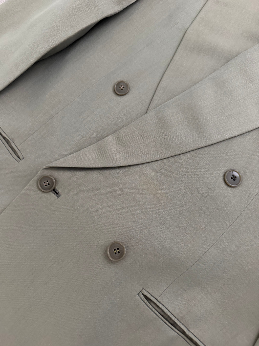Giorgio Armani 1980s Peaked Lapel Double Breasted Wool Linen Sport Jacket Blazer Taupe Sage - Size S