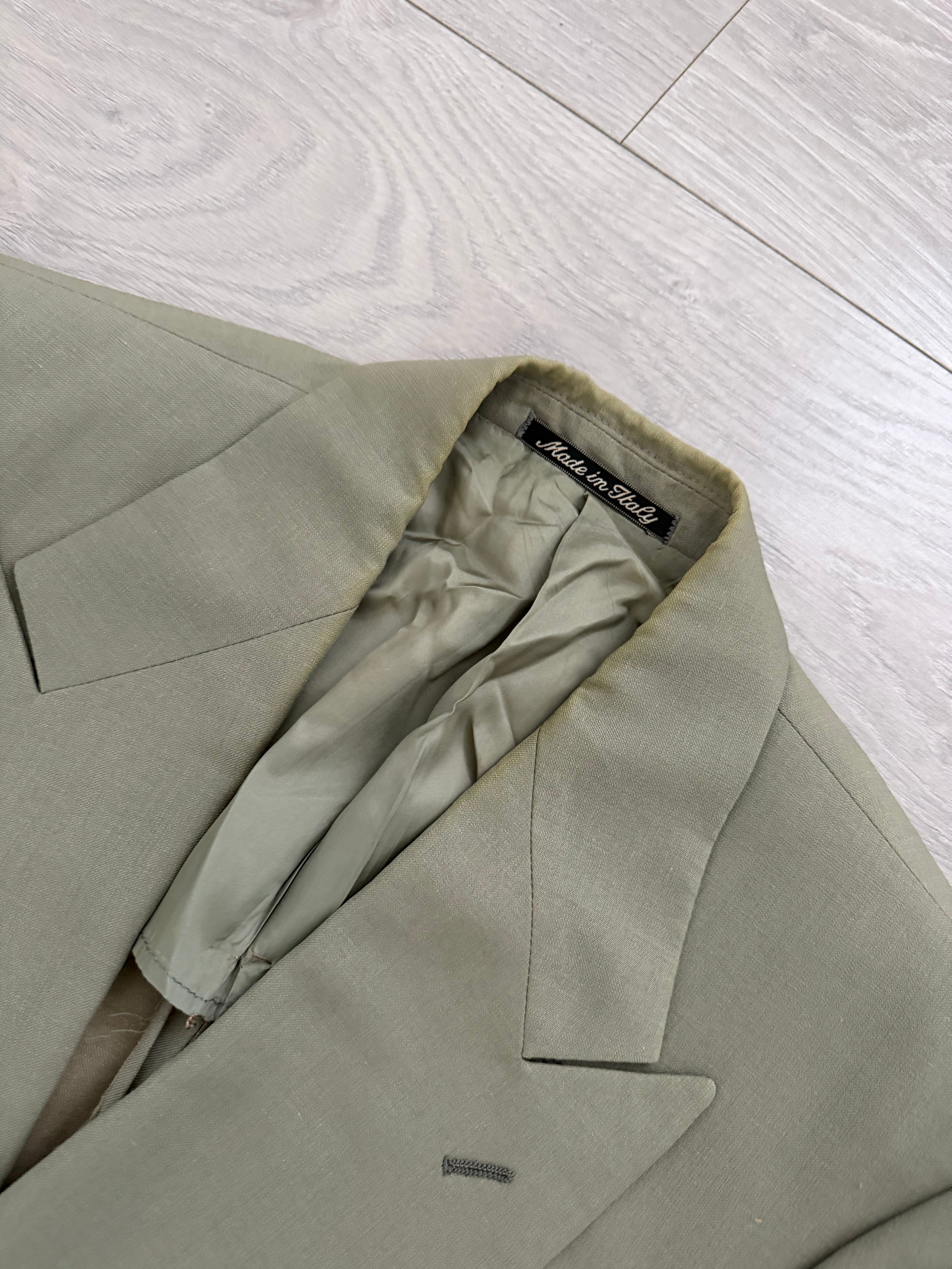 Giorgio Armani 1980s Peaked Lapel Double Breasted Wool Linen Sport Jacket Blazer Taupe Sage - Size S