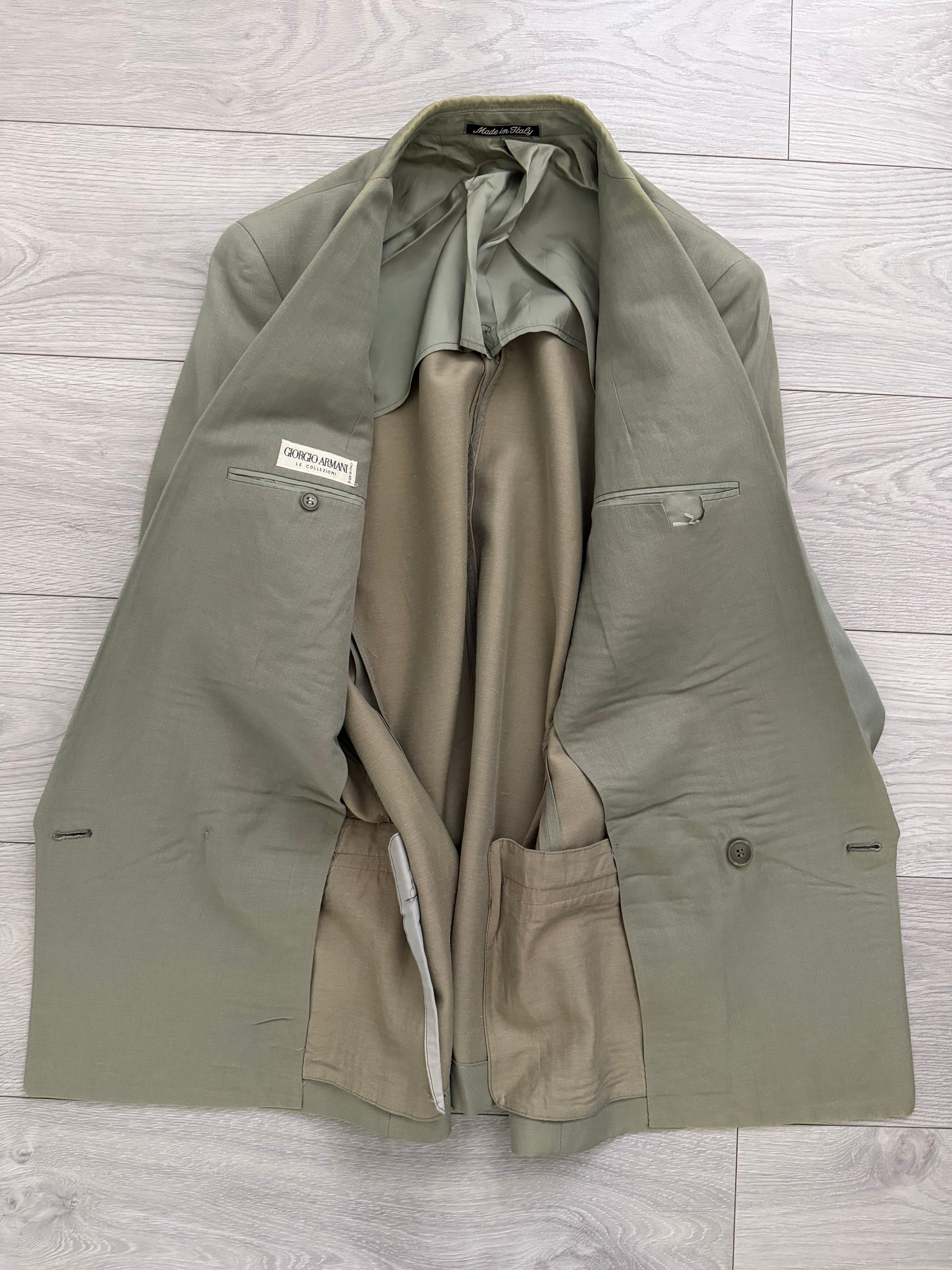 Giorgio Armani 1980s Peaked Lapel Double Breasted Wool Linen Sport Jacket Blazer Taupe Sage - Size S