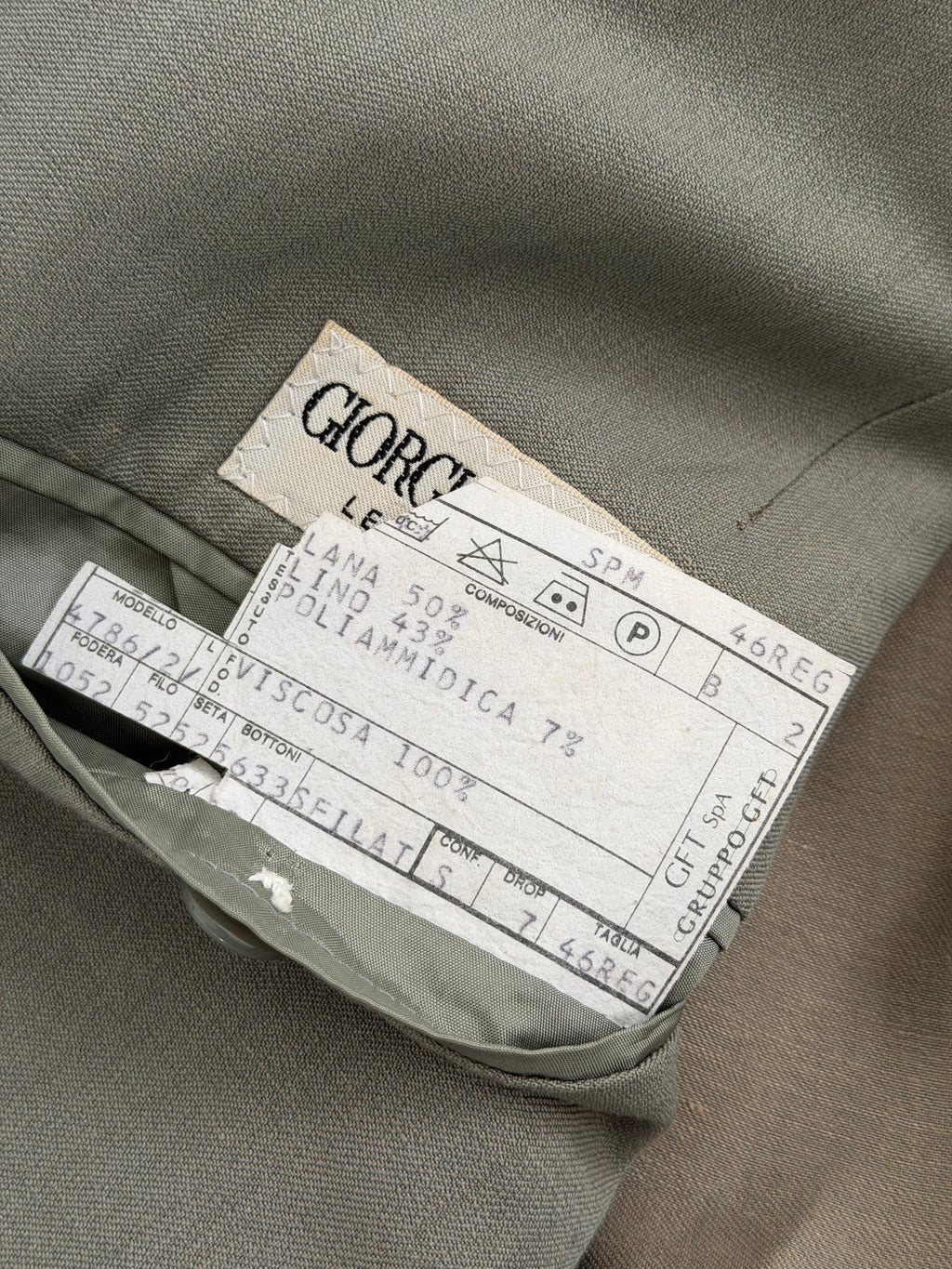 Giorgio Armani 1980s Peaked Lapel Double Breasted Wool Linen Sport Jacket Blazer Taupe Sage - Size S