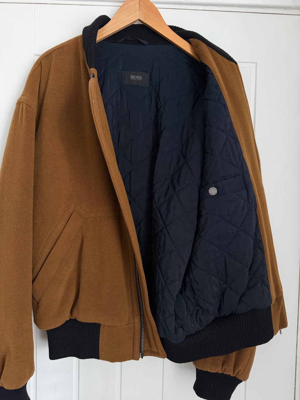 Hugo Boss 1980s Wool Cashmere Camel Brown Bomber Jacket - Size L