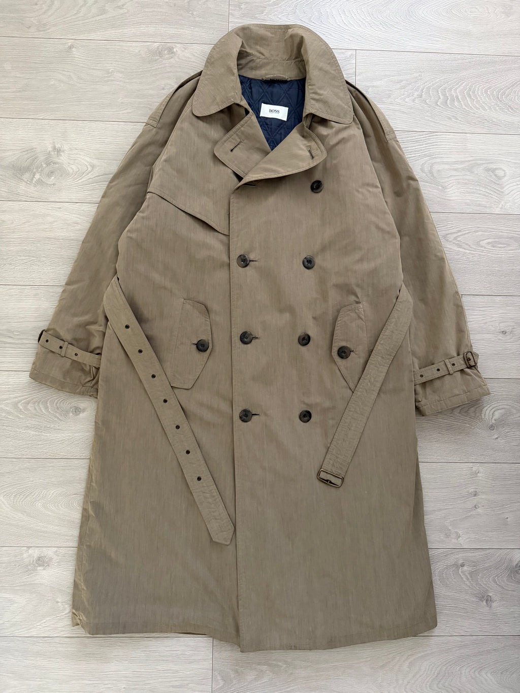 Hugo Boss 1980s Padded Belted Long Power Trench Coat Heathered Mushroom Taupe - Size XL