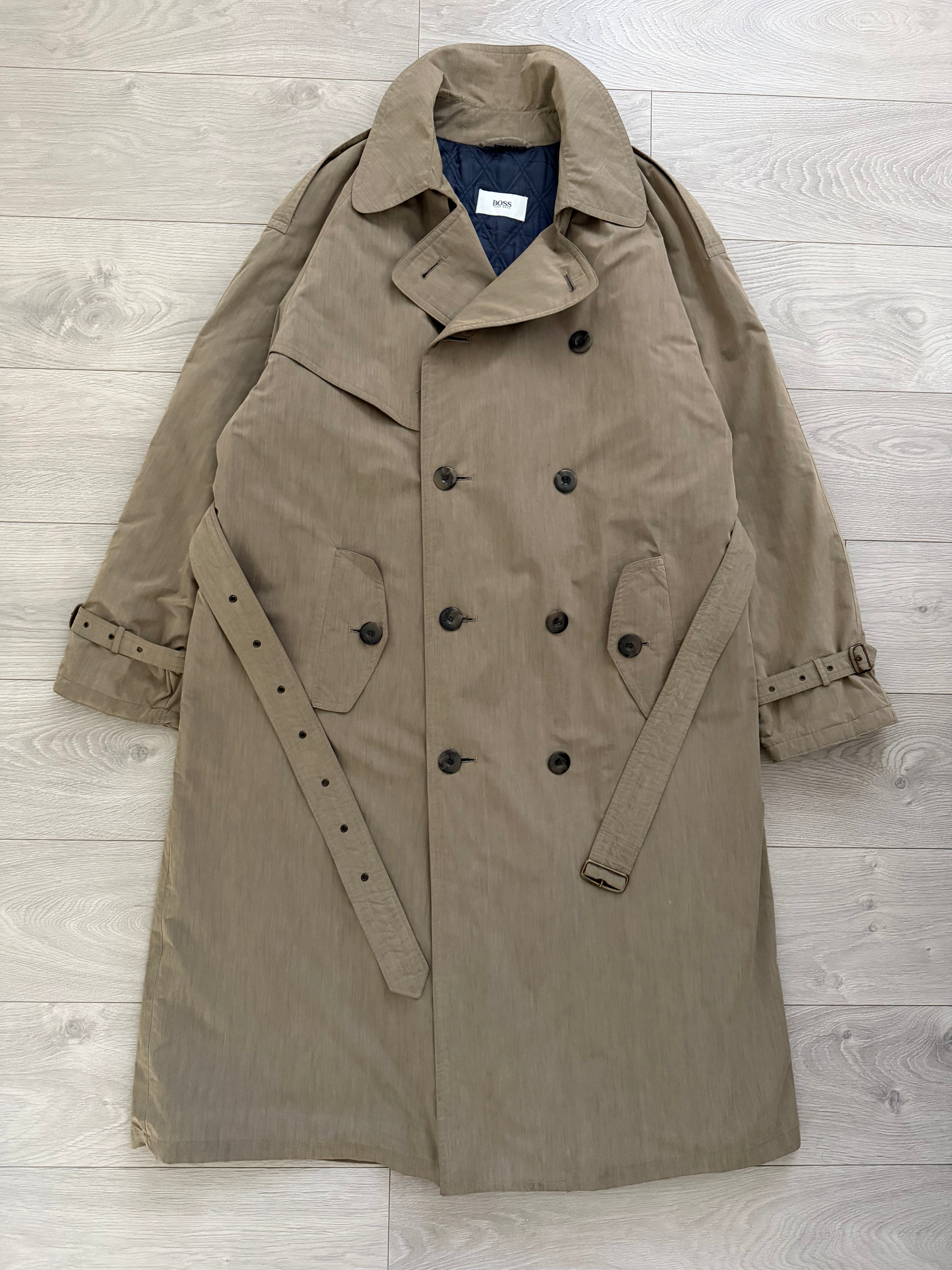 Hugo Boss 1980s Padded Belted Long Power Trench Coat Heathered Mushroom Taupe - Size XL