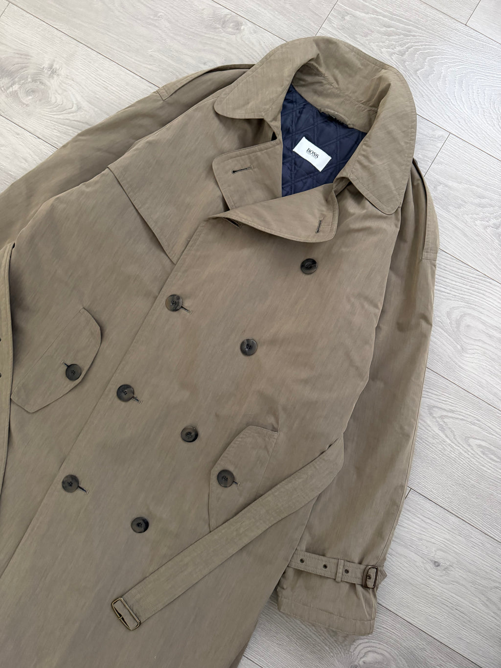 Hugo Boss 1980s Padded Belted Long Power Trench Coat Heathered Mushroom Taupe - Size XL