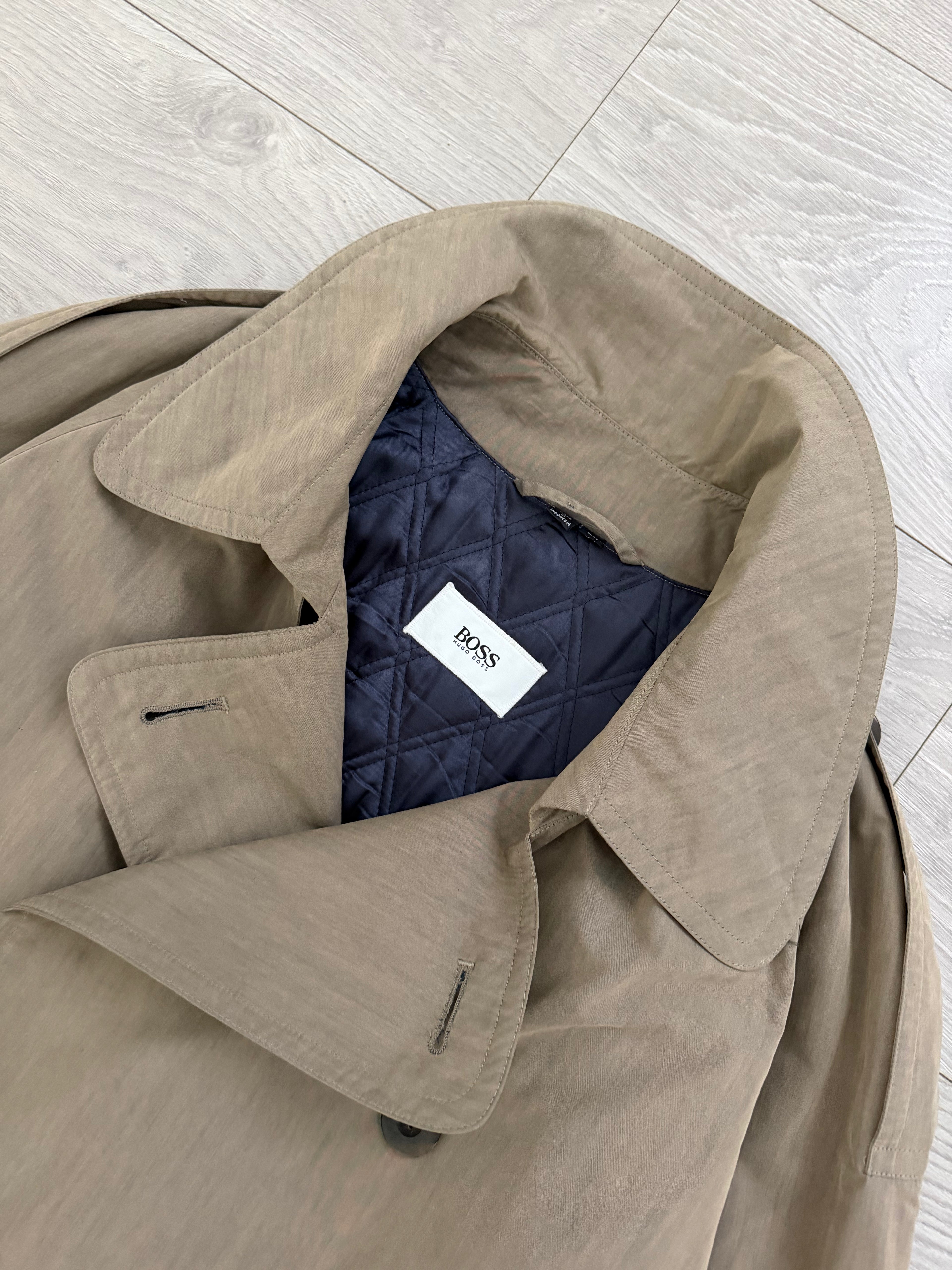 Hugo Boss 1980s Padded Belted Long Power Trench Coat Heathered Mushroom Taupe - Size XL