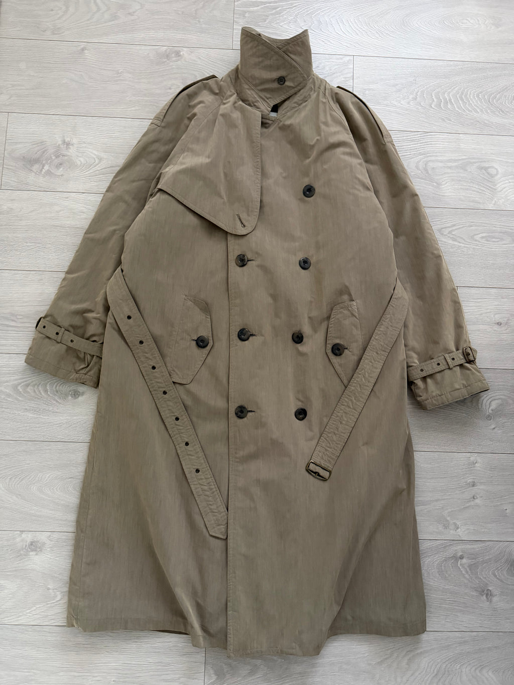Hugo Boss 1980s Padded Belted Long Power Trench Coat Heathered Mushroom Taupe - Size XL