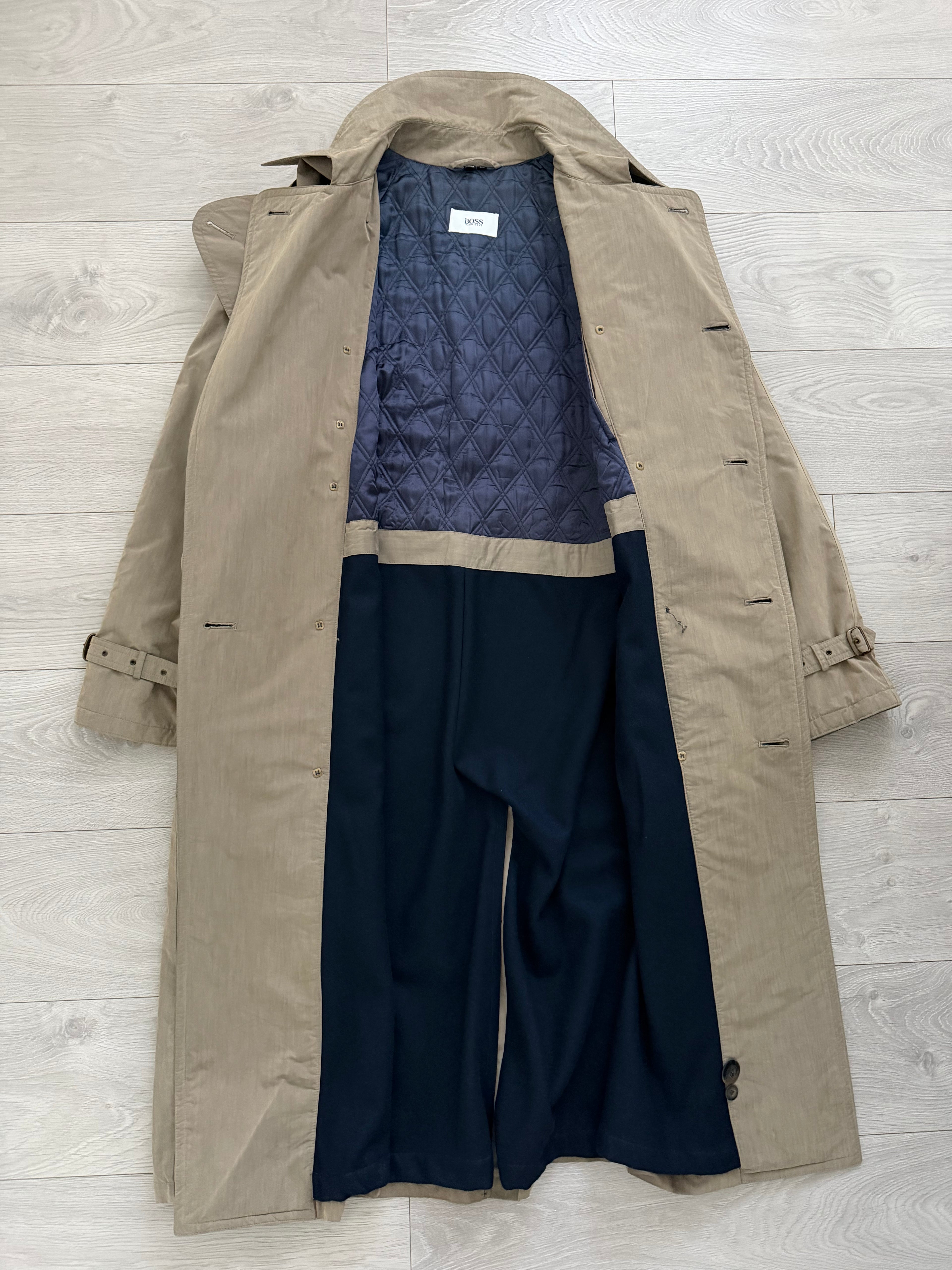 Hugo Boss 1980s Padded Belted Long Power Trench Coat Heathered Mushroom Taupe - Size XL