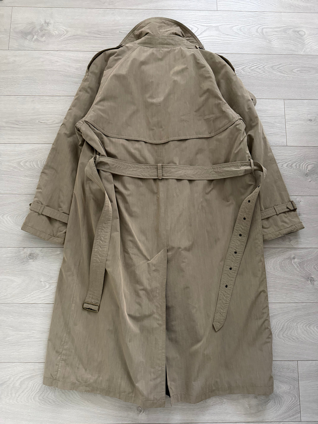 Hugo Boss 1980s Padded Belted Long Power Trench Coat Heathered Mushroom Taupe - Size XL