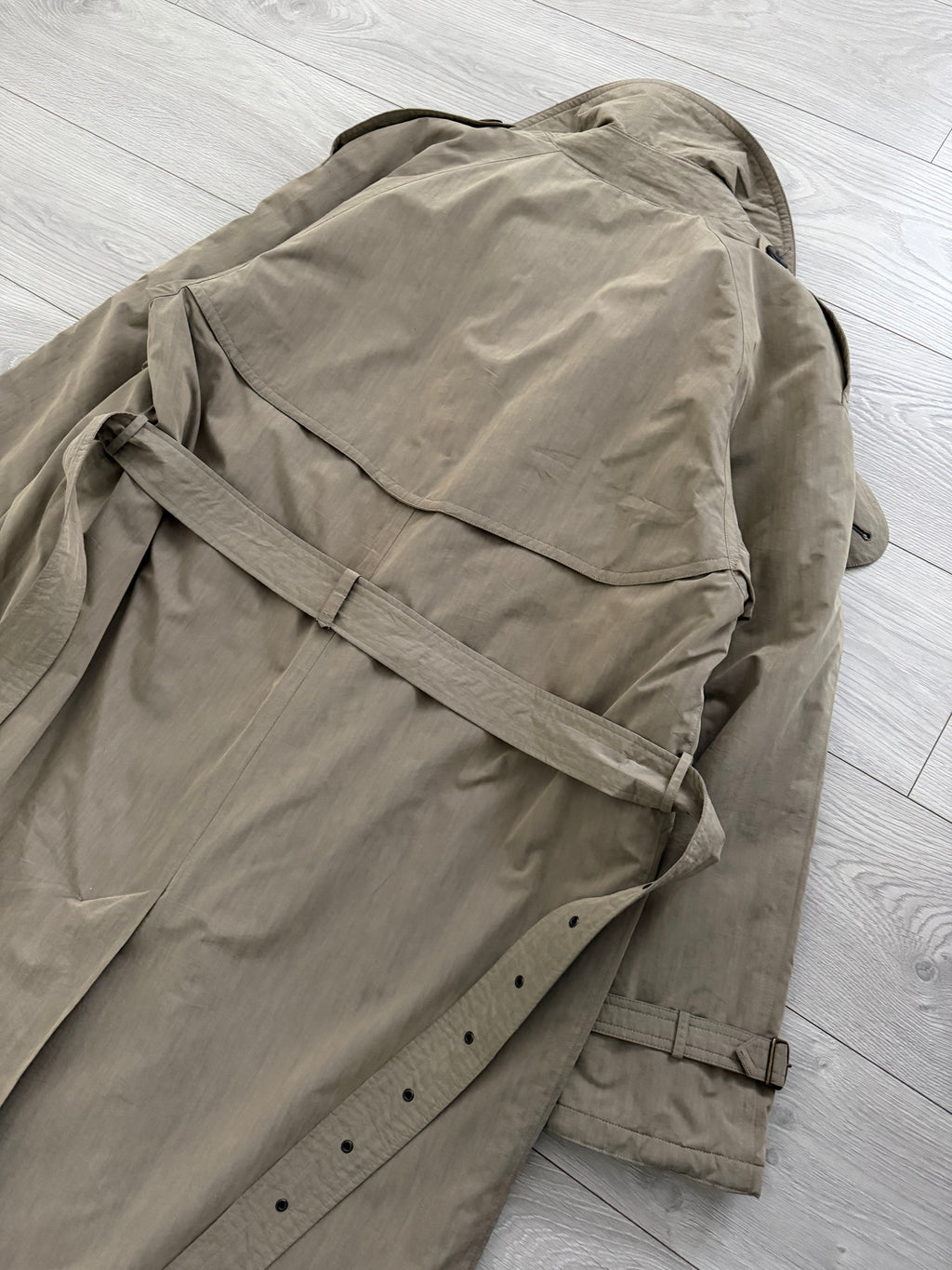 Hugo Boss 1980s Padded Belted Long Power Trench Coat Heathered Mushroom Taupe - Size XL