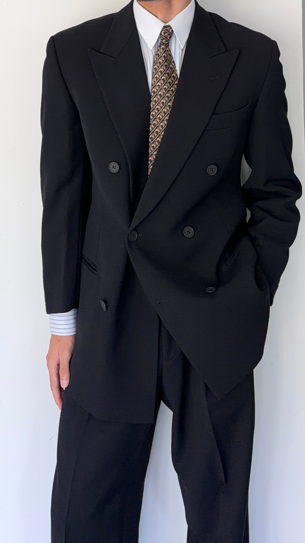Emporio Armani 1990s Peaked Lapel Double Breasted Pleated Draped Wool Suit Black - Size S Jacket / 31" Waist