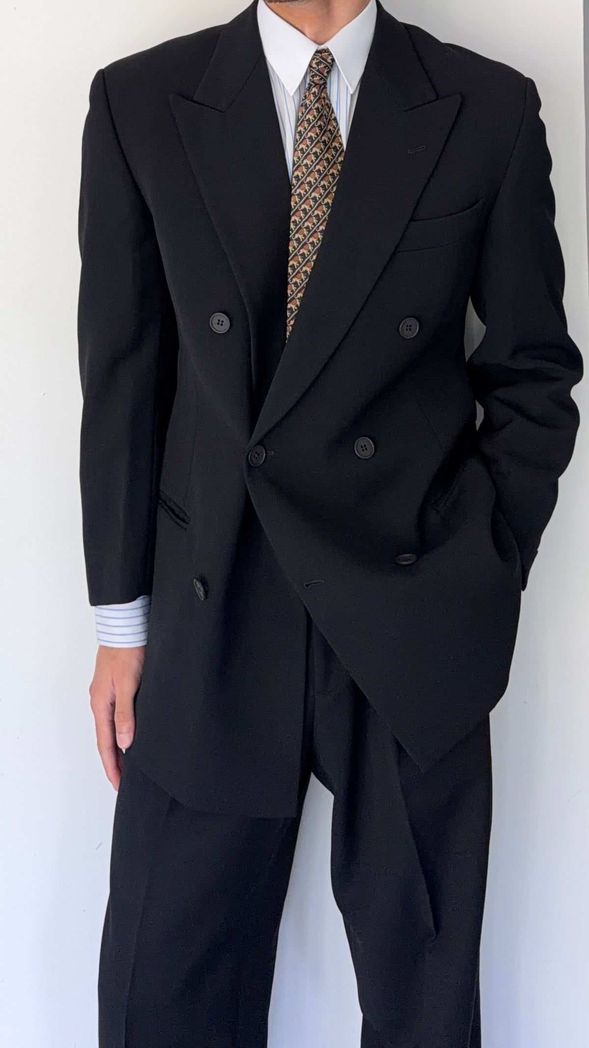 Emporio Armani 1990s Peaked Lapel Double Breasted Pleated Draped Wool Suit Black - Size S Jacket / 31" Waist