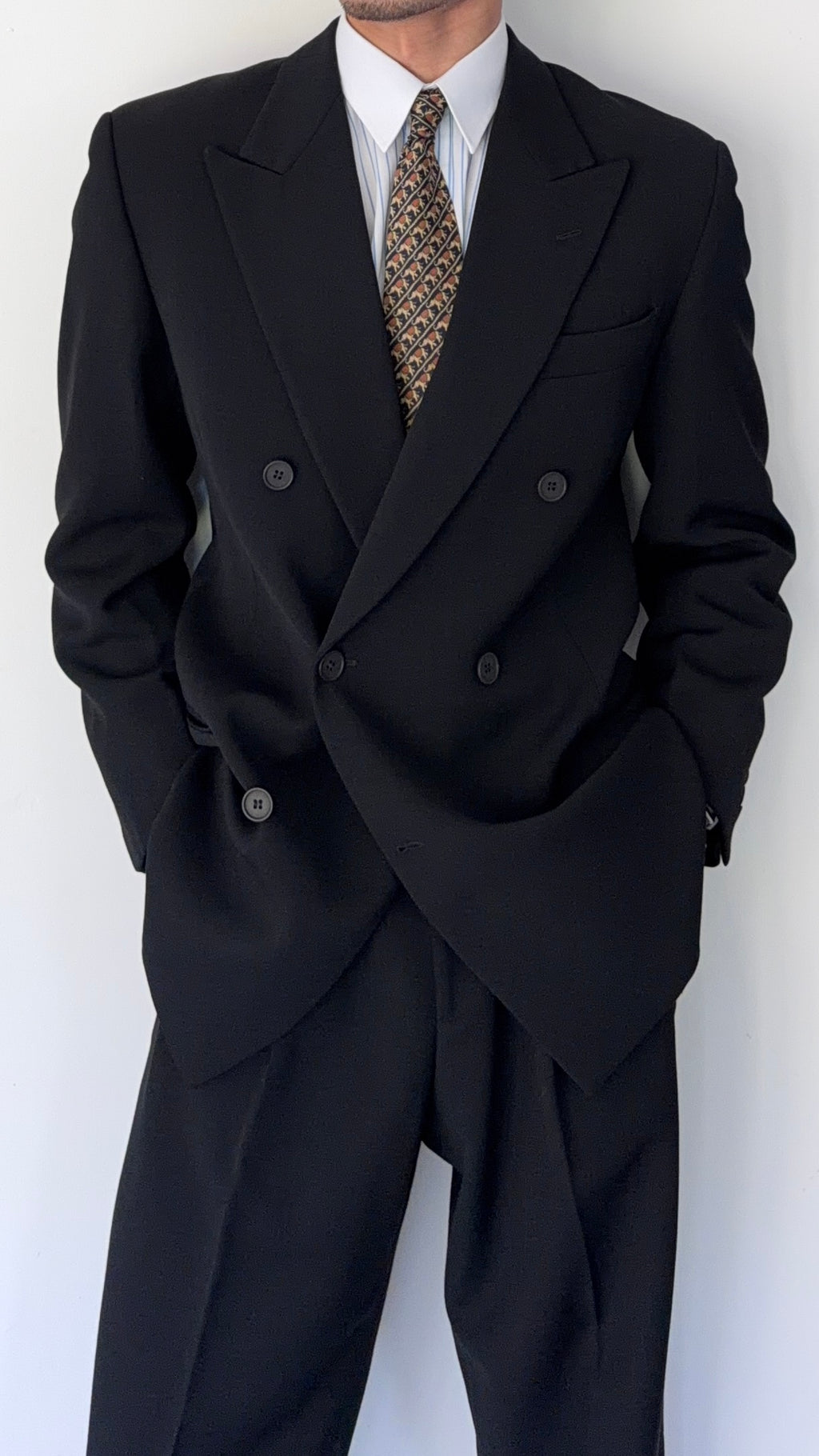 Emporio Armani 1990s Peaked Lapel Double Breasted Pleated Draped Wool Suit Black - Size S Jacket / 31" Waist
