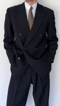 Emporio Armani 1990s Peaked Lapel Double Breasted Pleated Draped Wool Suit Black - Size S Jacket / 31" Waist