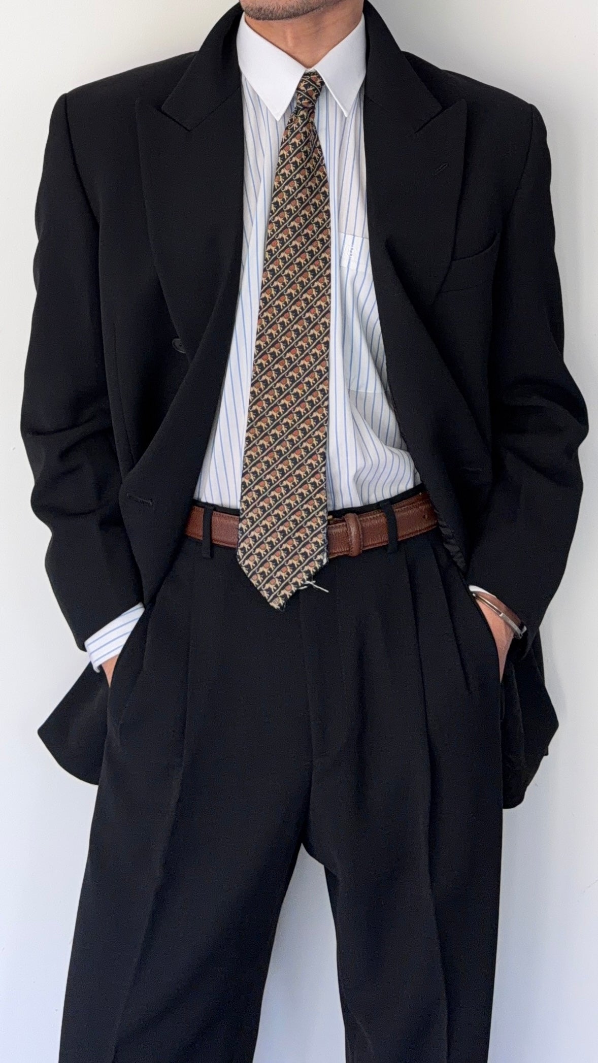 Emporio Armani 1990s Peaked Lapel Double Breasted Pleated Draped Wool Suit Black - Size S Jacket / 31" Waist