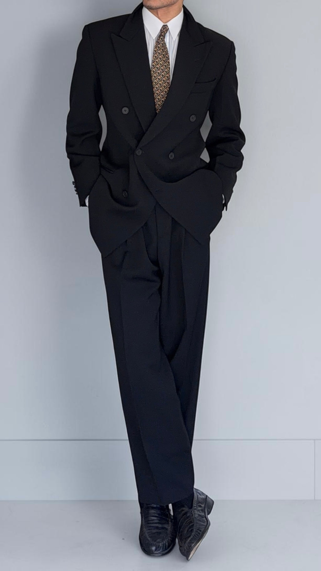 Emporio Armani 1990s Peaked Lapel Double Breasted Pleated Draped Wool Suit Black - Size S Jacket / 31" Waist