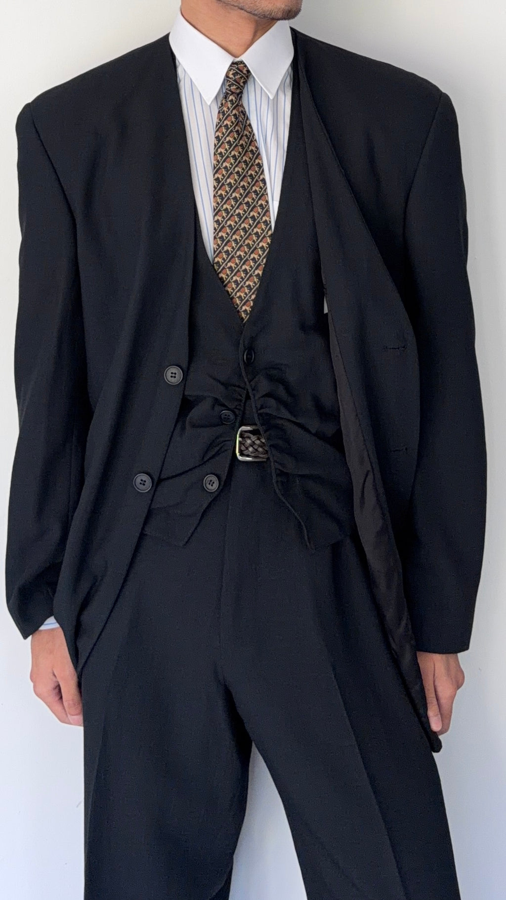 Emporio Armani 1990s Collarless 3-Piece Draped Wool Relaxed Suit - Size XL Jacket / 34" Waist