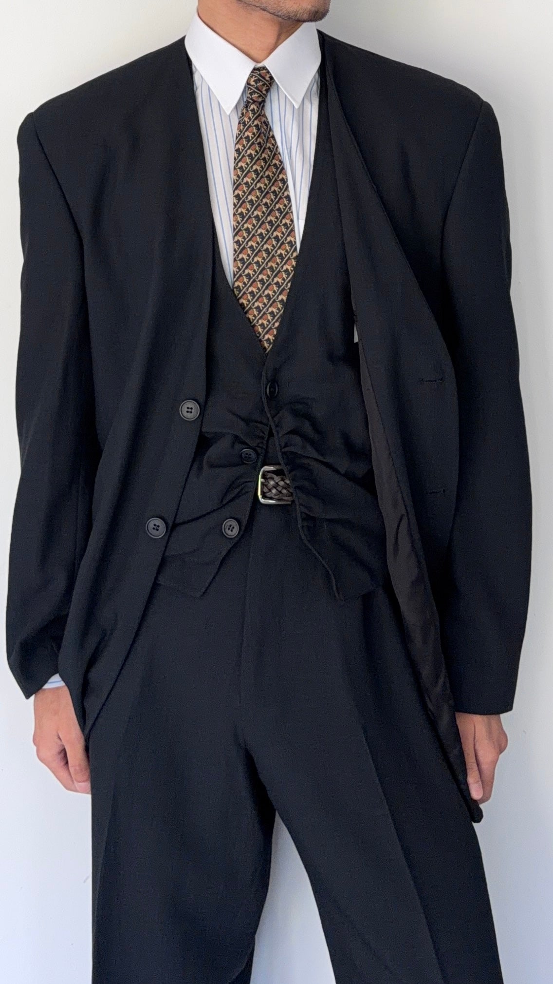 Emporio Armani 1990s Collarless 3-Piece Draped Wool Relaxed Suit - Size XL Jacket / 34" Waist