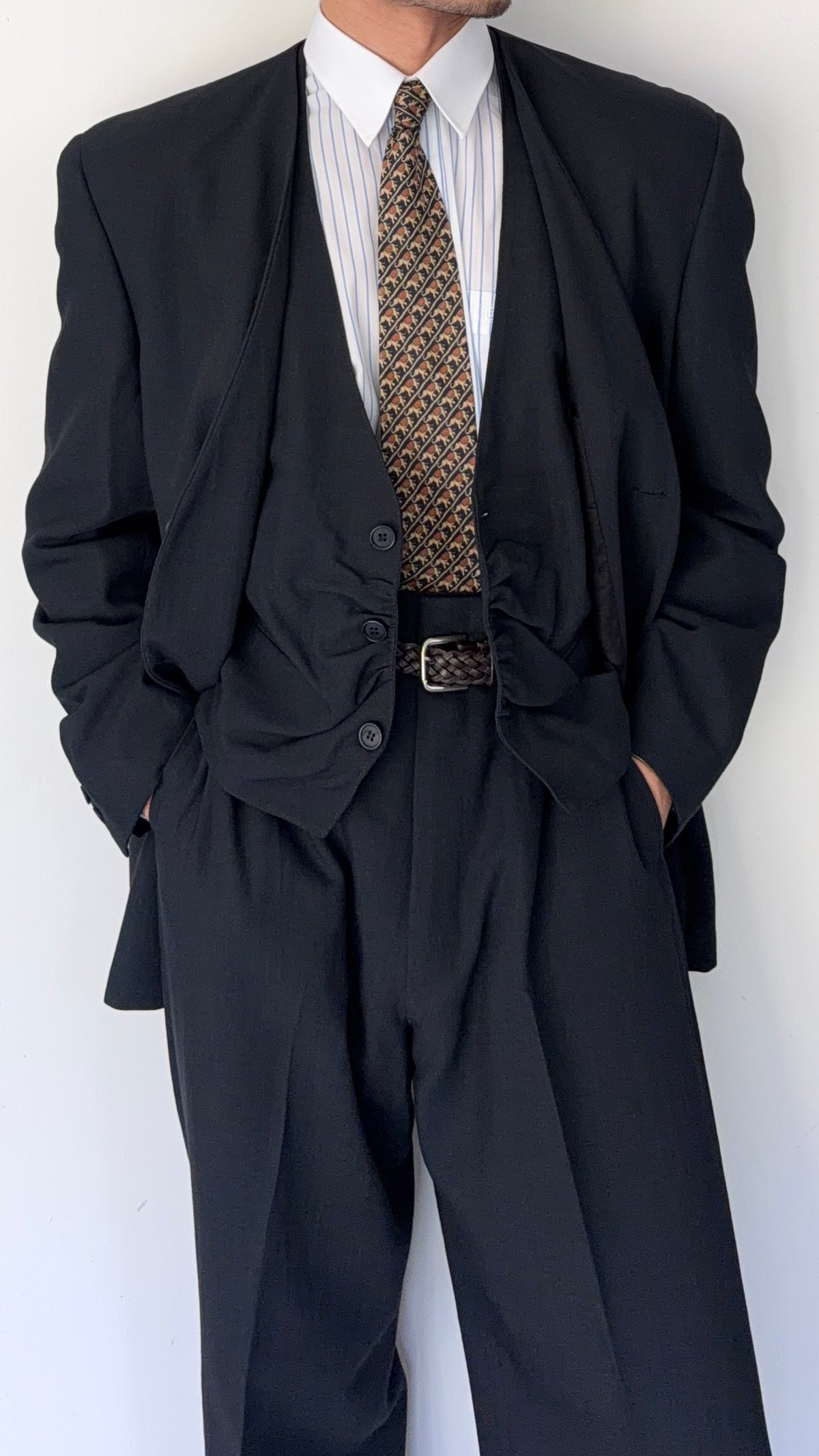 Emporio Armani 1990s Collarless 3-Piece Draped Wool Relaxed Suit - Size XL Jacket / 34" Waist