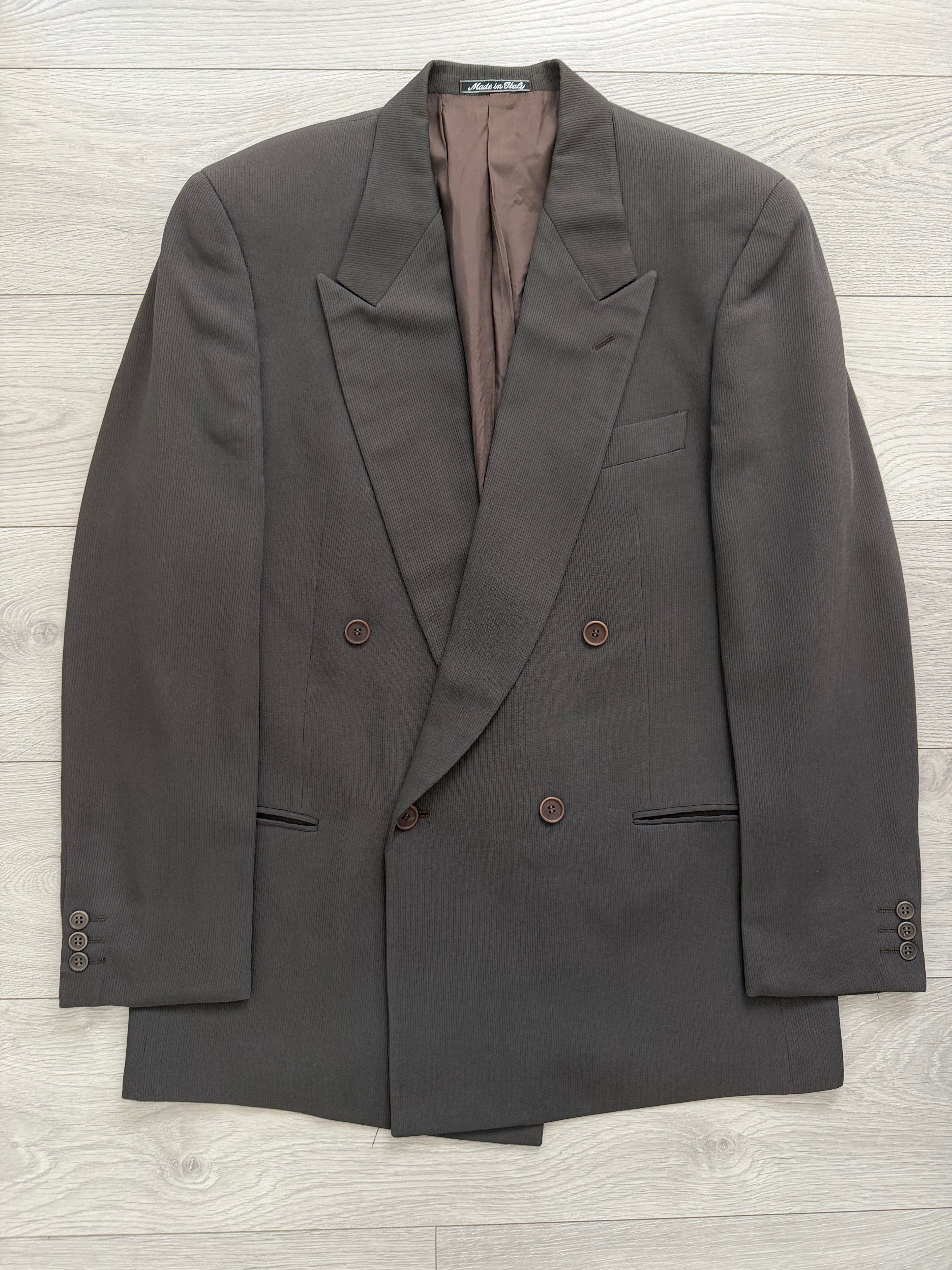 Giorgio Armani 1980s Peaked Lapel Double Breasted Pleated Viscose Wool Suit Espresso Charcoal - Size XL Jacket / 32"
