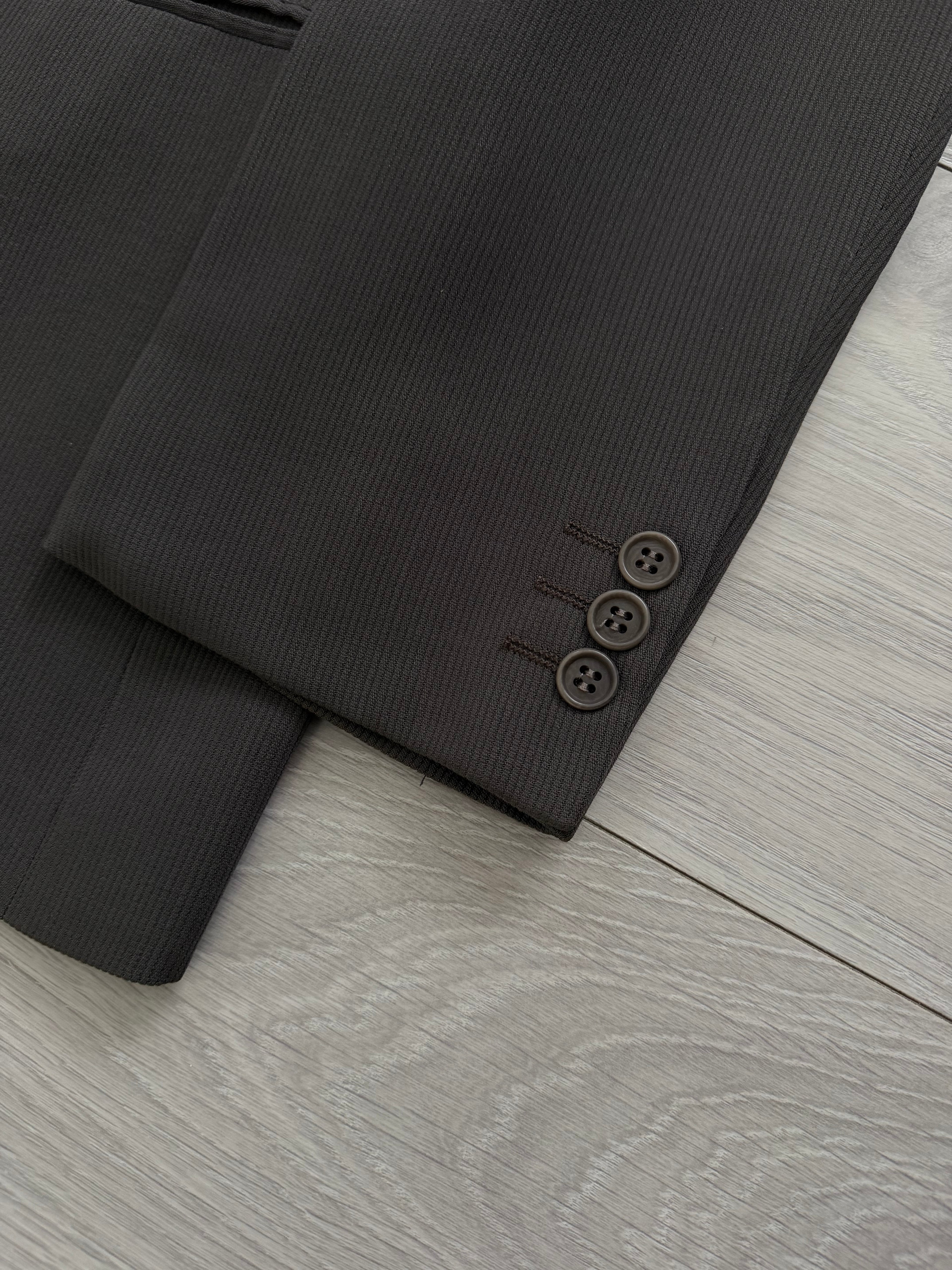 Giorgio Armani 1980s Peaked Lapel Double Breasted Pleated Viscose Wool Suit Espresso Charcoal - Size XL Jacket / 32"