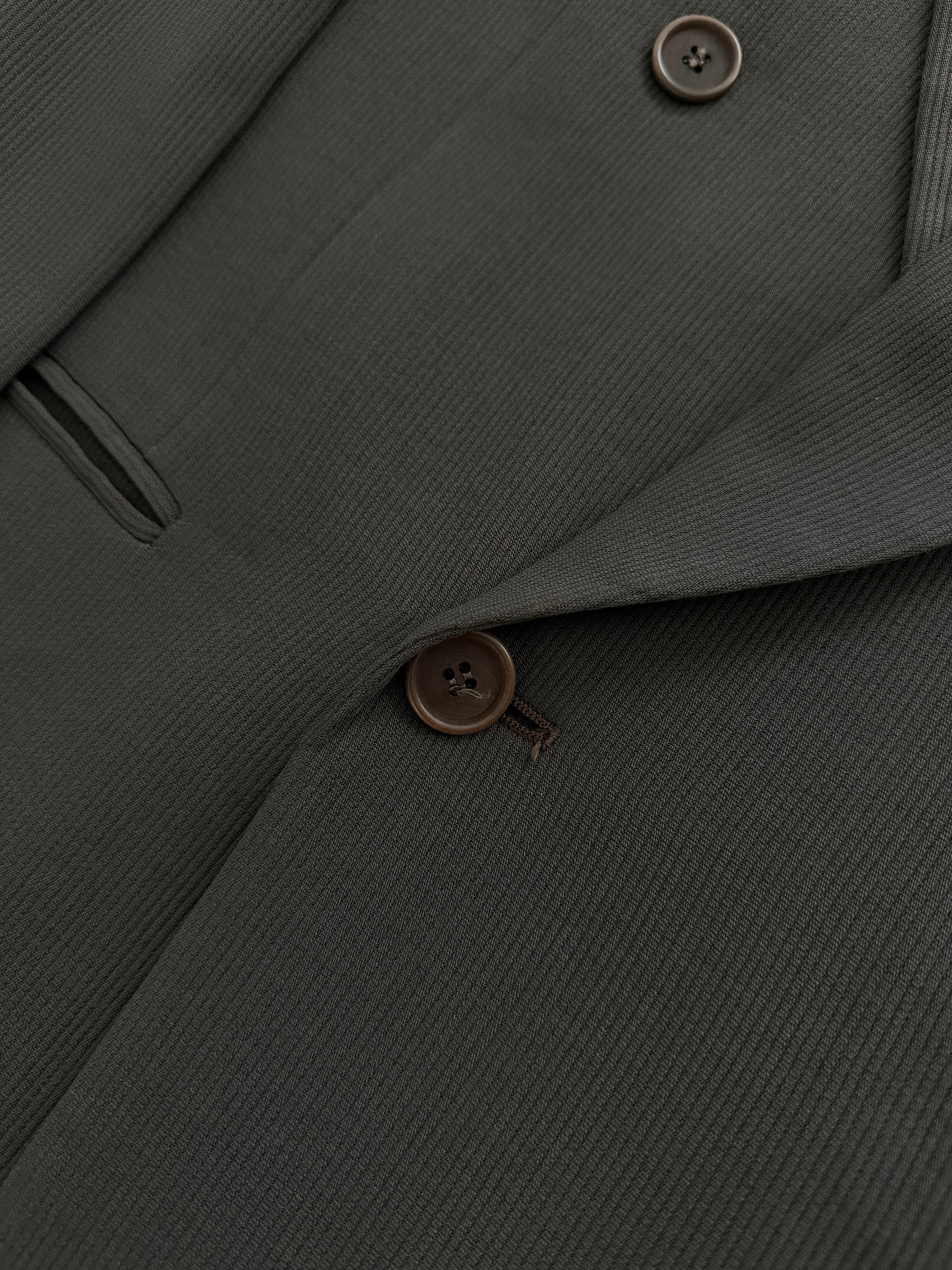 Giorgio Armani 1980s Peaked Lapel Double Breasted Pleated Viscose Wool Suit Espresso Charcoal - Size XL Jacket / 32"