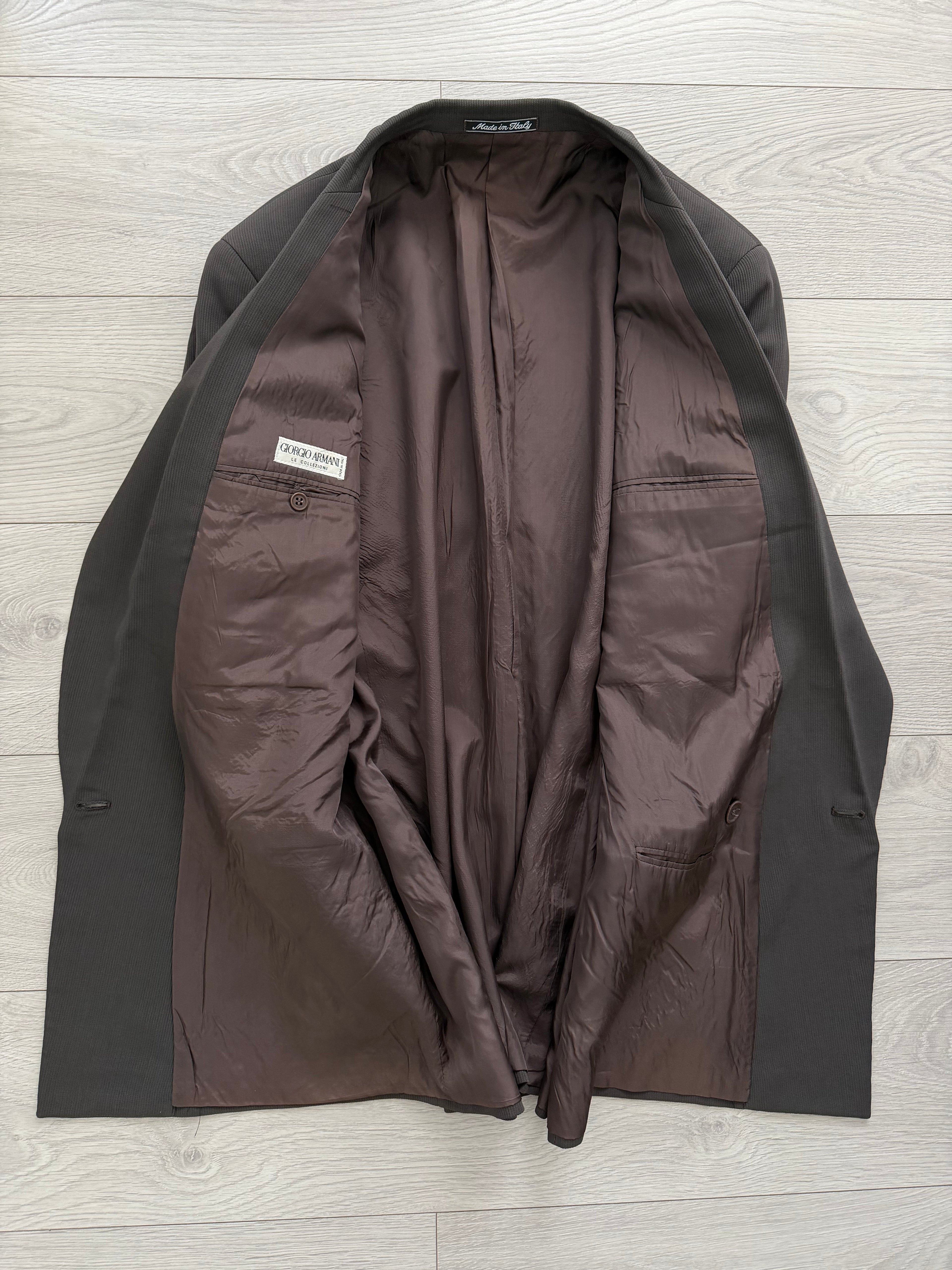Giorgio Armani 1980s Peaked Lapel Double Breasted Pleated Viscose Wool Suit Espresso Charcoal - Size XL Jacket / 32"