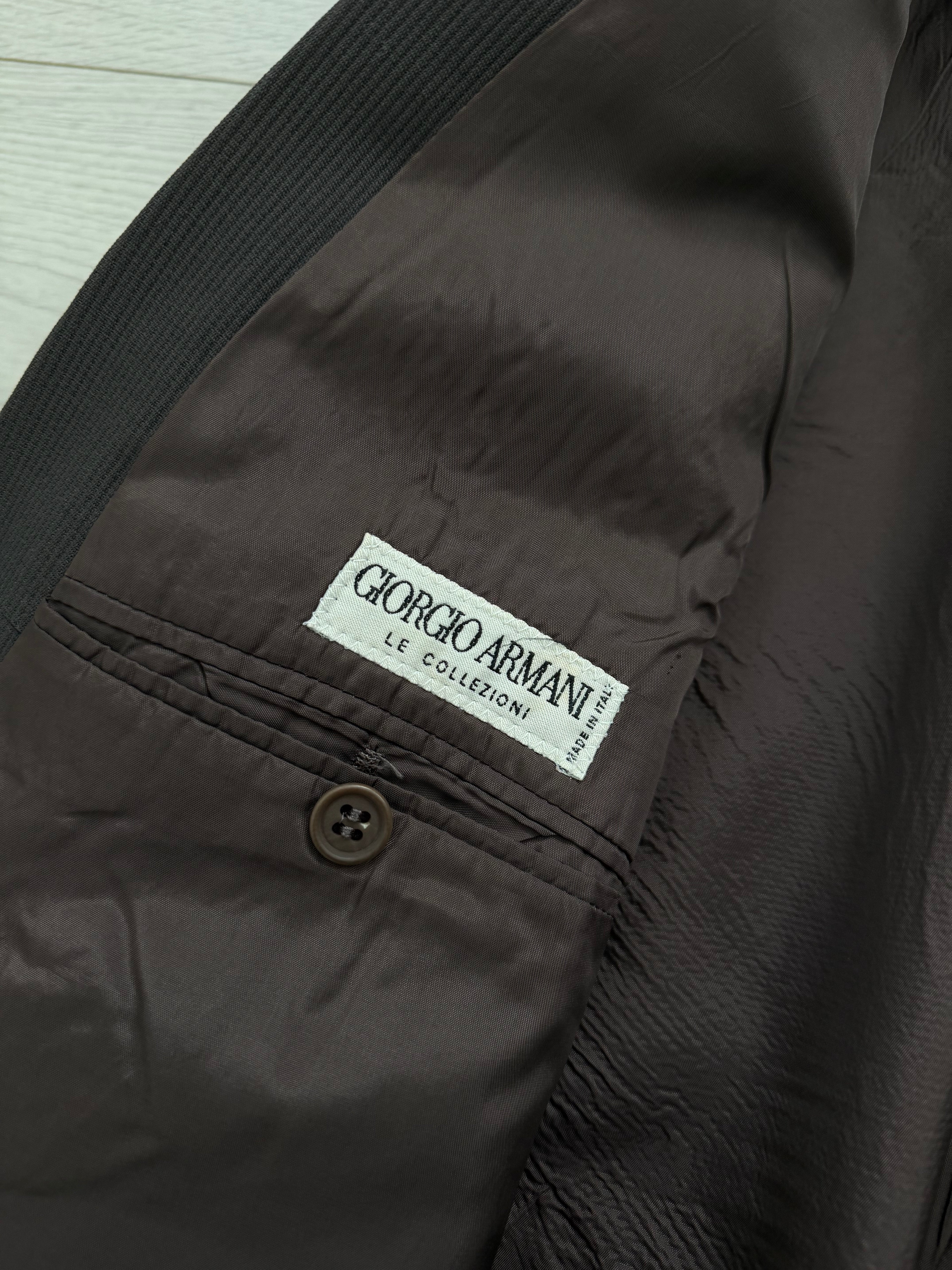 Giorgio Armani 1980s Peaked Lapel Double Breasted Pleated Viscose Wool Suit Espresso Charcoal - Size XL Jacket / 32"