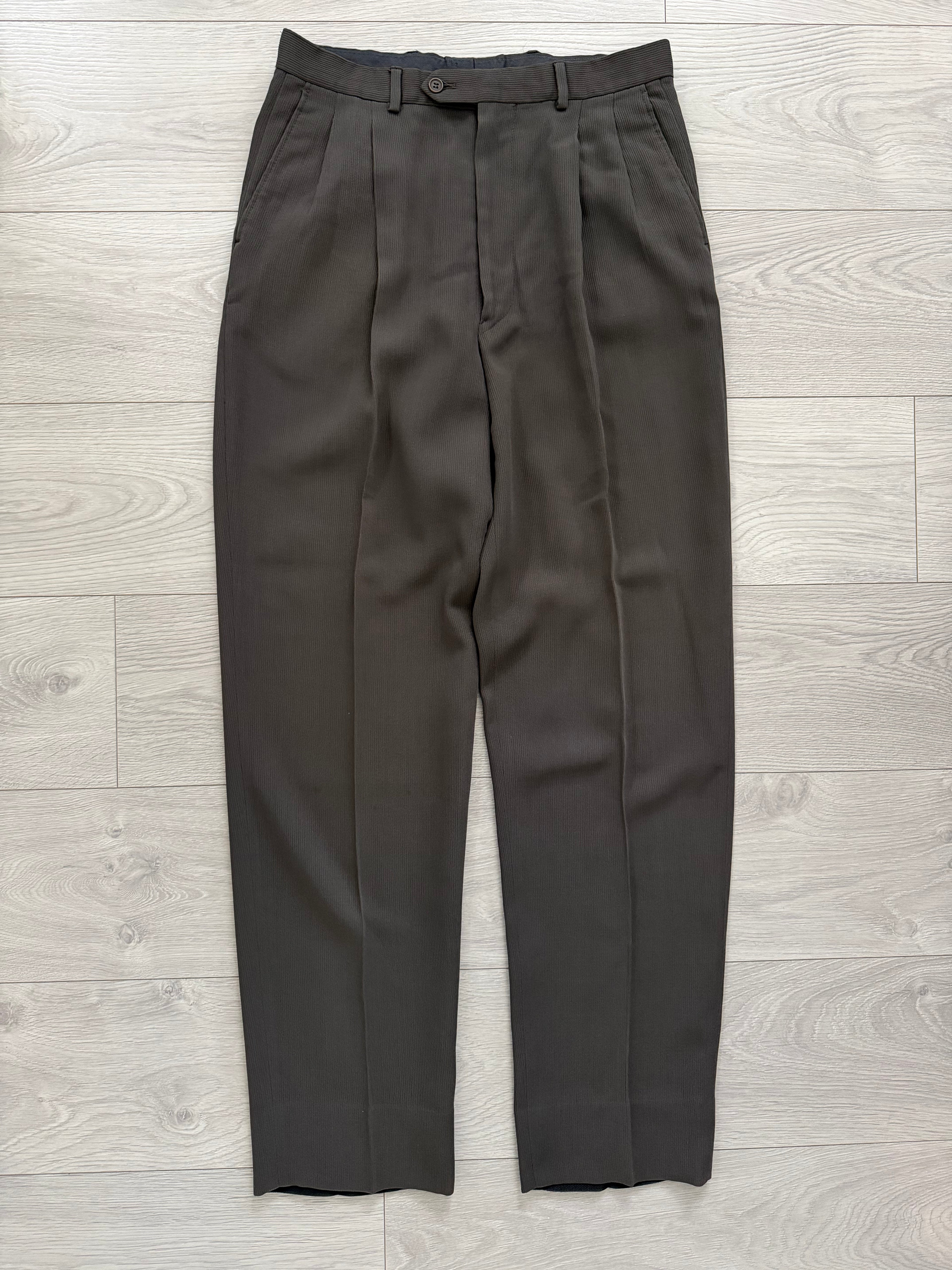 Giorgio Armani 1980s Peaked Lapel Double Breasted Pleated Viscose Wool Suit Espresso Charcoal - Size XL Jacket / 32"