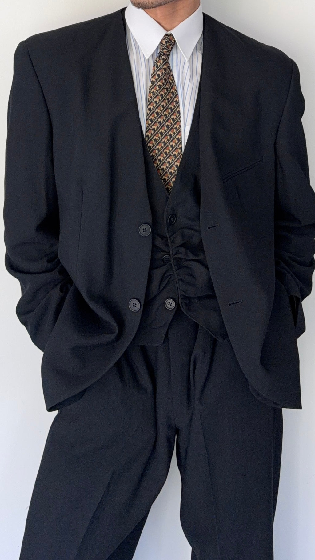 Emporio Armani 1990s Collarless 3-Piece Draped Wool Relaxed Suit - Size XL Jacket / 34" Waist