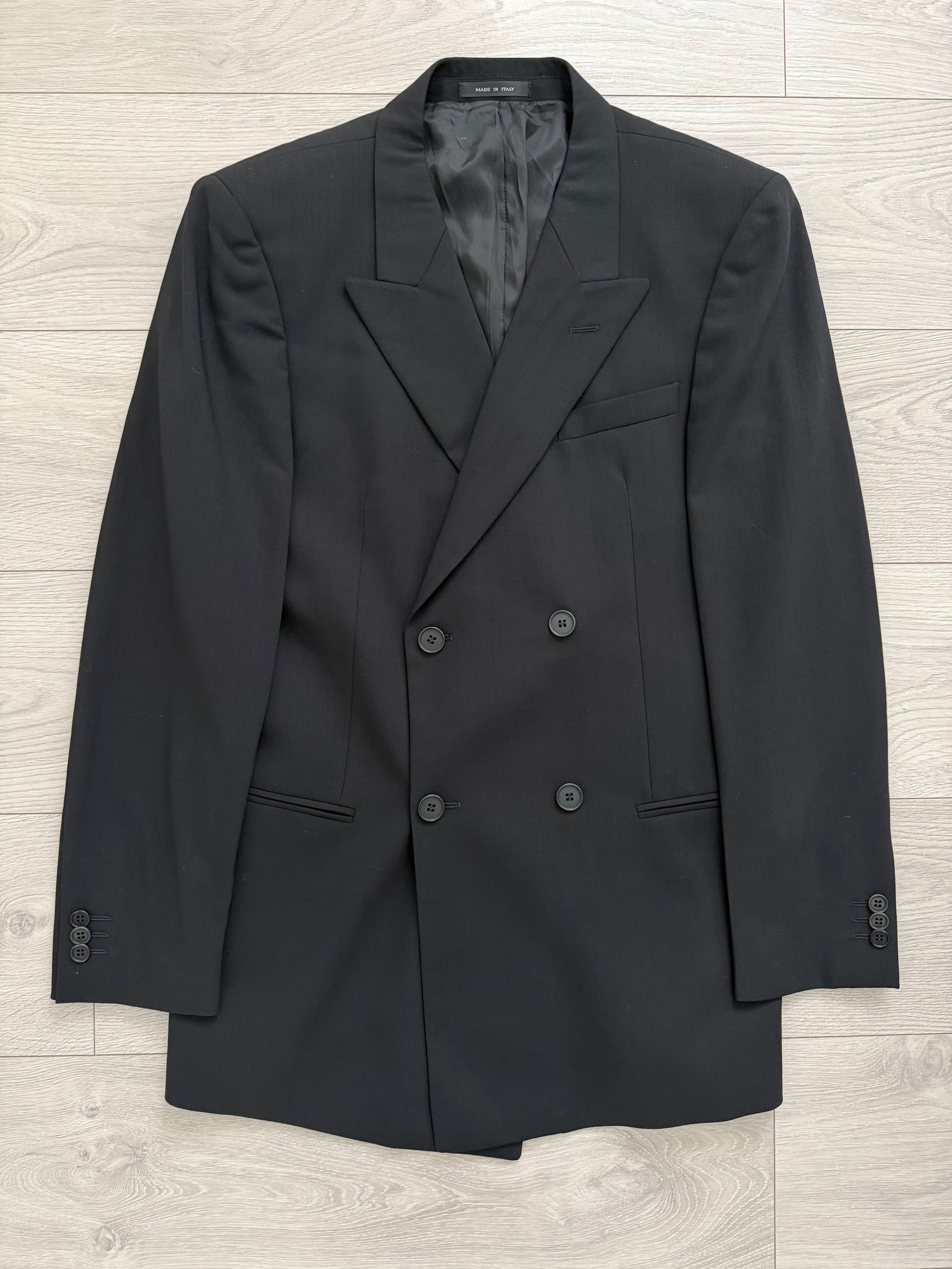 Emporio Armani 1980s Peaked Lapel Double Breasted Draped Wool Suit Black - Size M Jacket / 33"